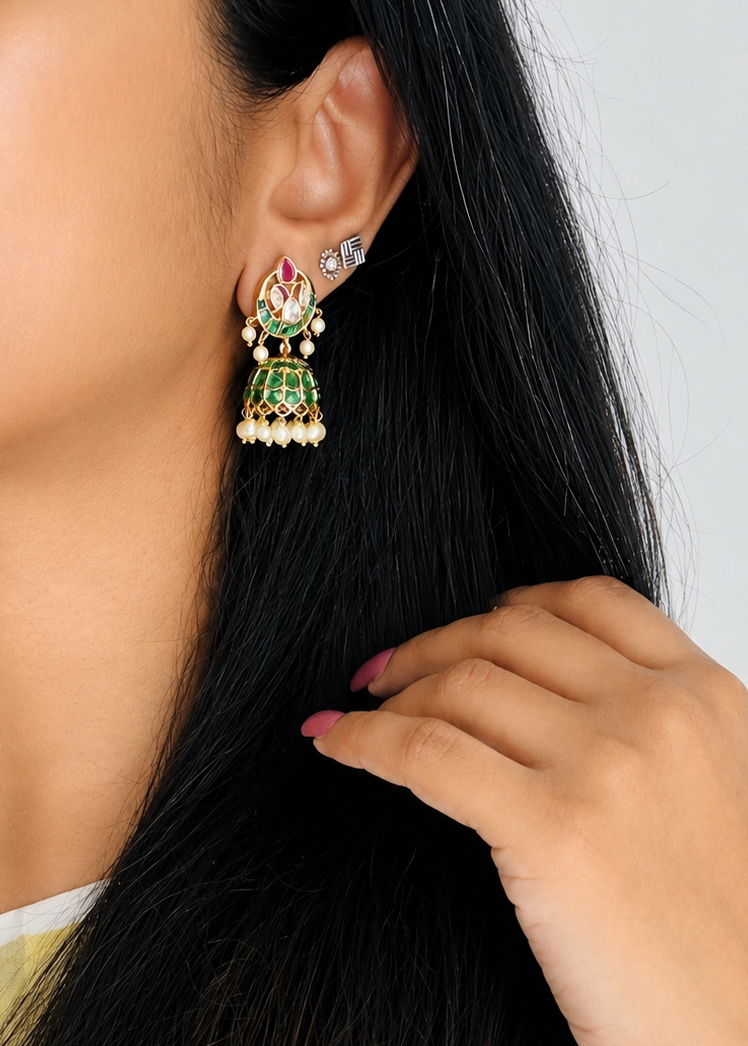 Ruby green white stone and pearls jhumka - YCGPER825