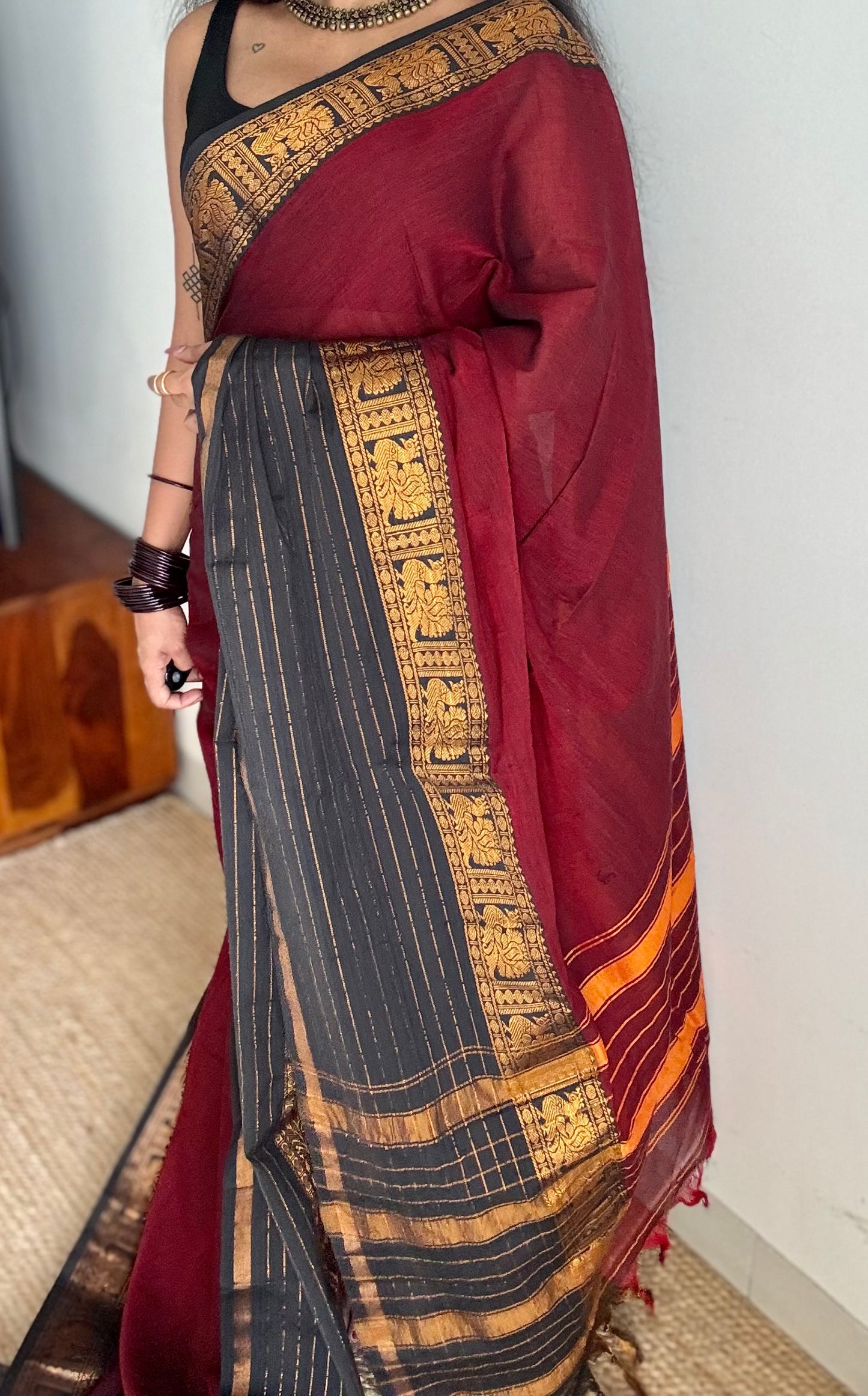 Maroon with black border, narayanpet soft cotton saree - YCWOTDAUG08