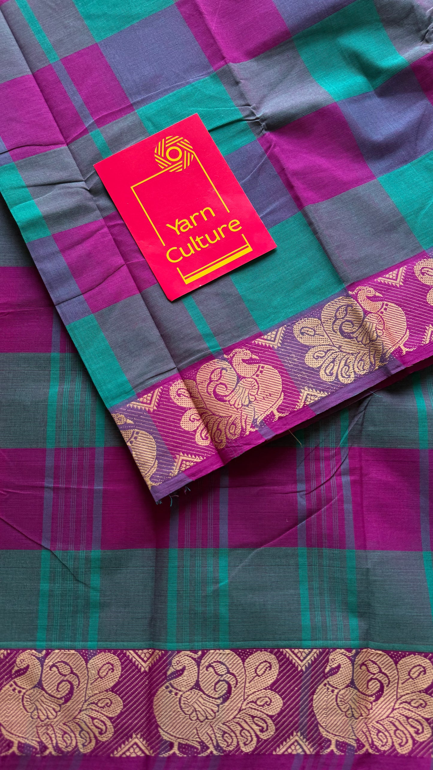 Chettinad cotton saree with magenta and cyan checks, peacock motif border - YCCOTNJUCC03