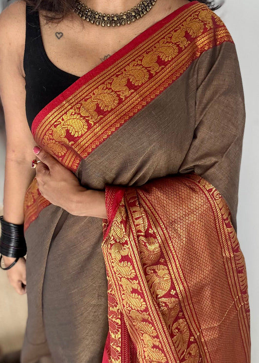 Warm grey with broad zari border, premium narayanpet, soft cotton - YCWOTDFEBB01
