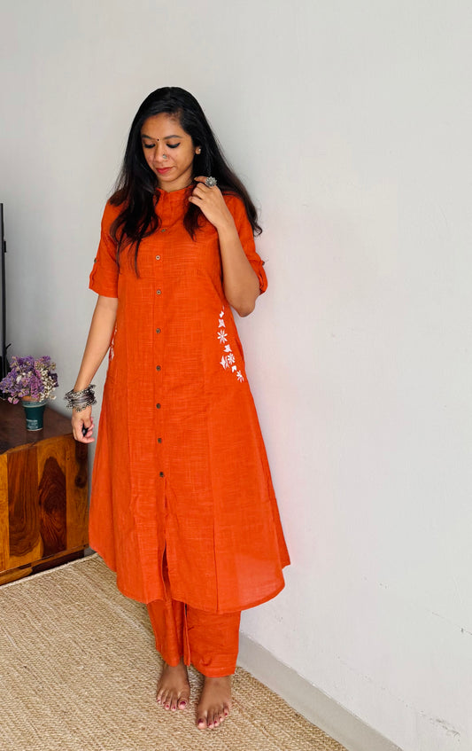 Orange cotton collared stitched kurta co-ord set, elbow sleeves - YCSEBPSFE242