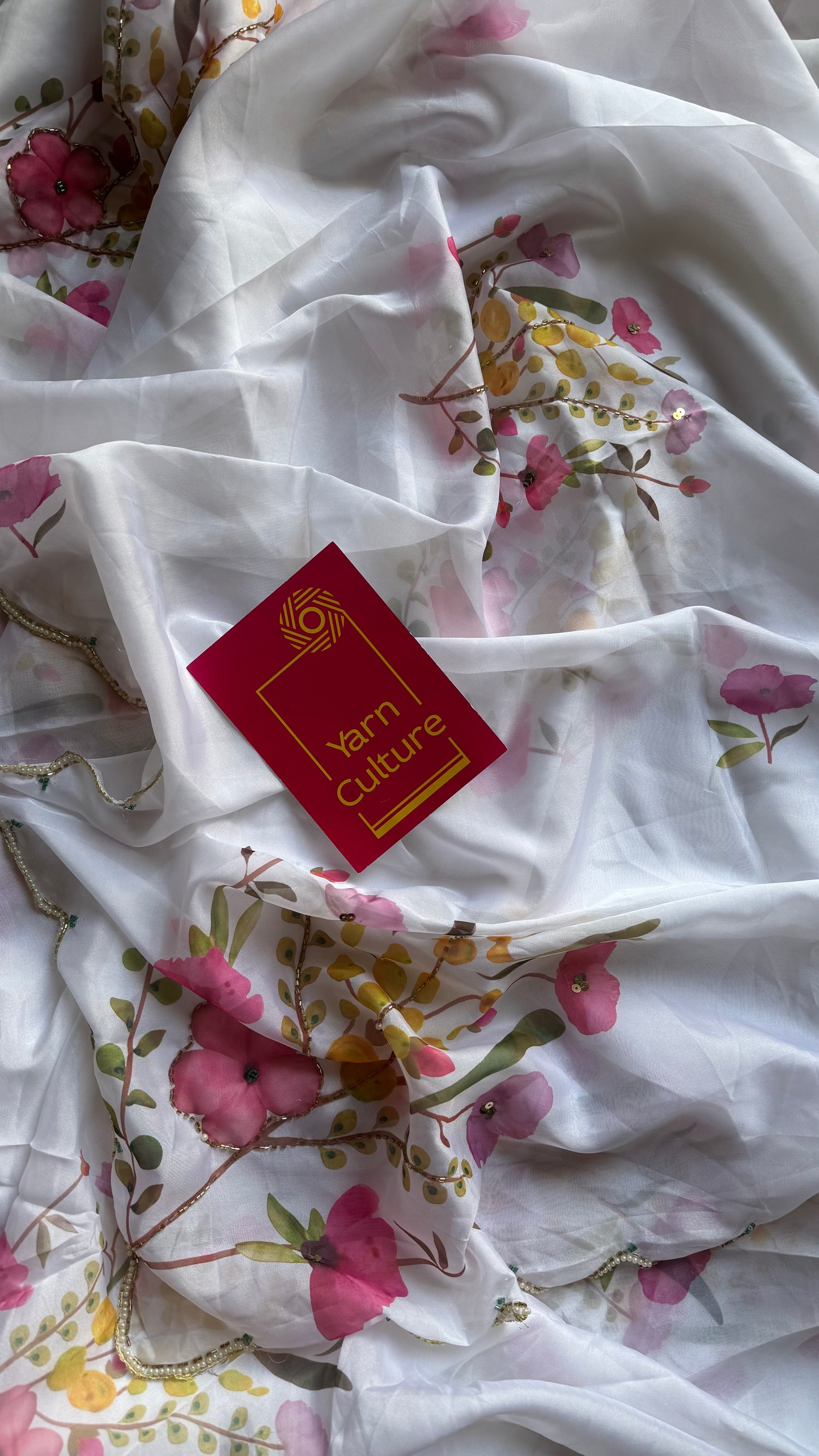 Snow Blossom - white floral handworked sequins work, tabby silk - YCDOSNO51