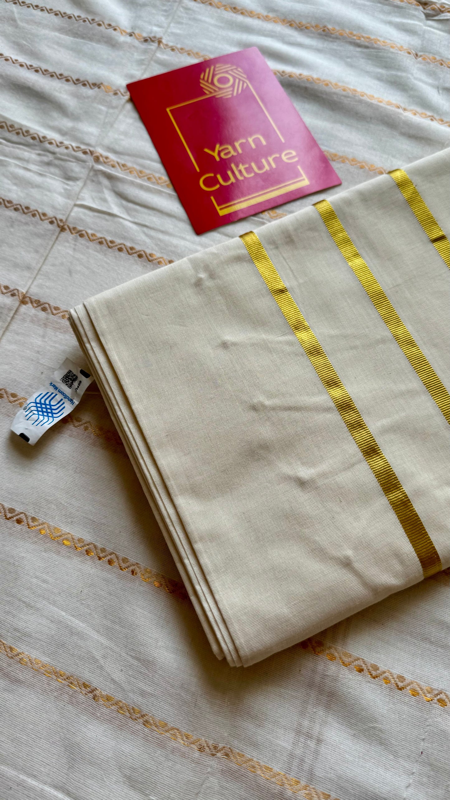 Handloom, woven in Chendamangalam Looms, ivory with gold striped pallu - YCIEON147