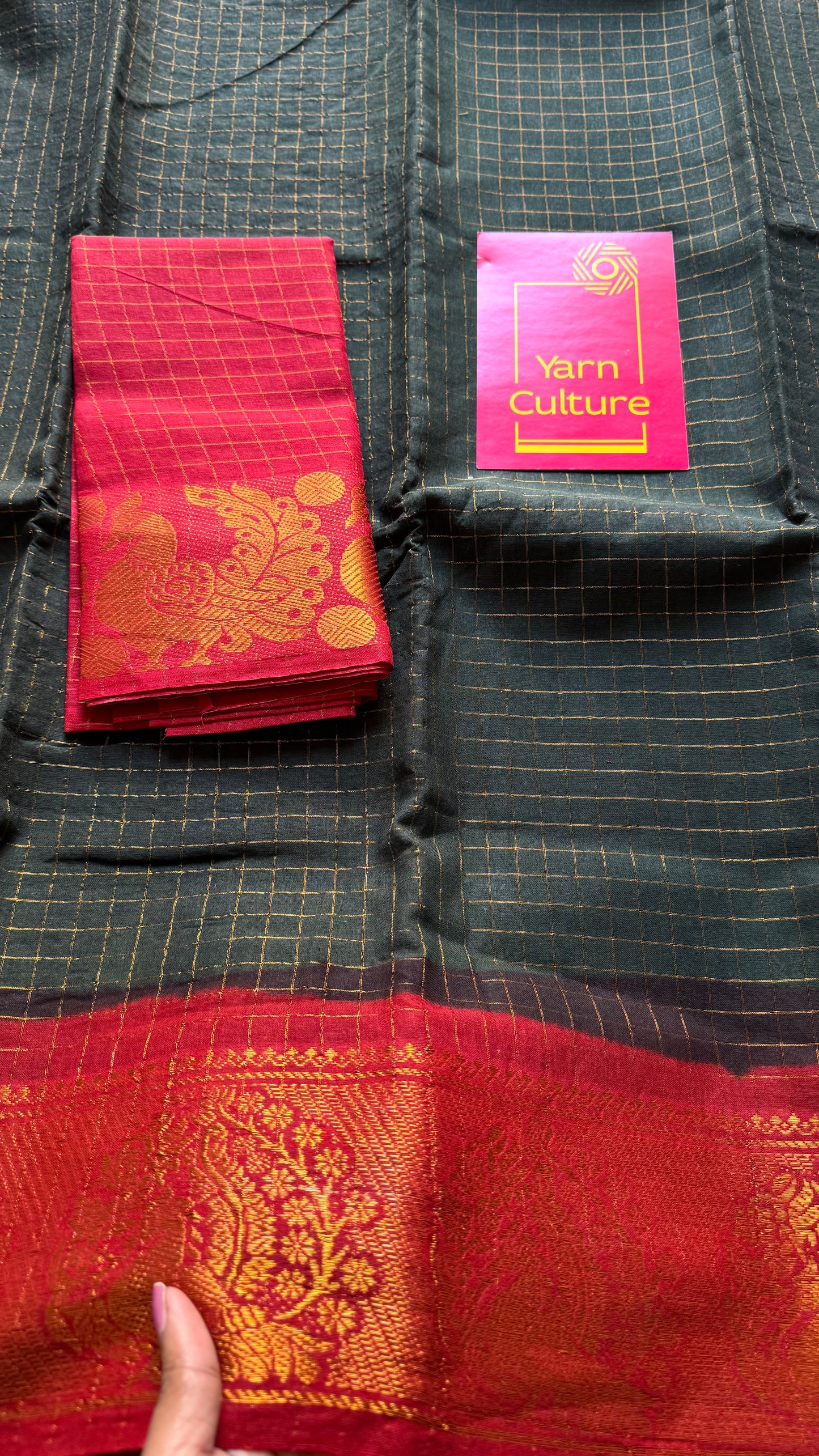 Sungudi cotton checks, black base, red and yellow dual tone border, soft cotton - YCCOTNGJJA180