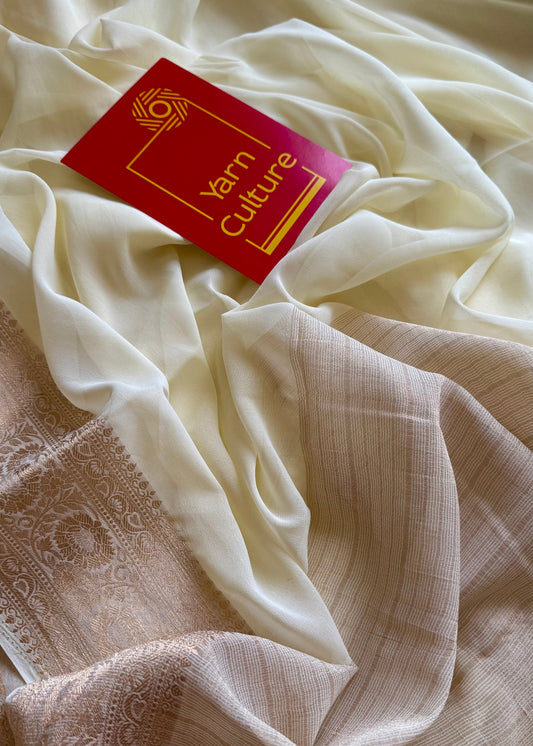 Ivory soft georgette saree, with antique gold zari border - YCIEON87