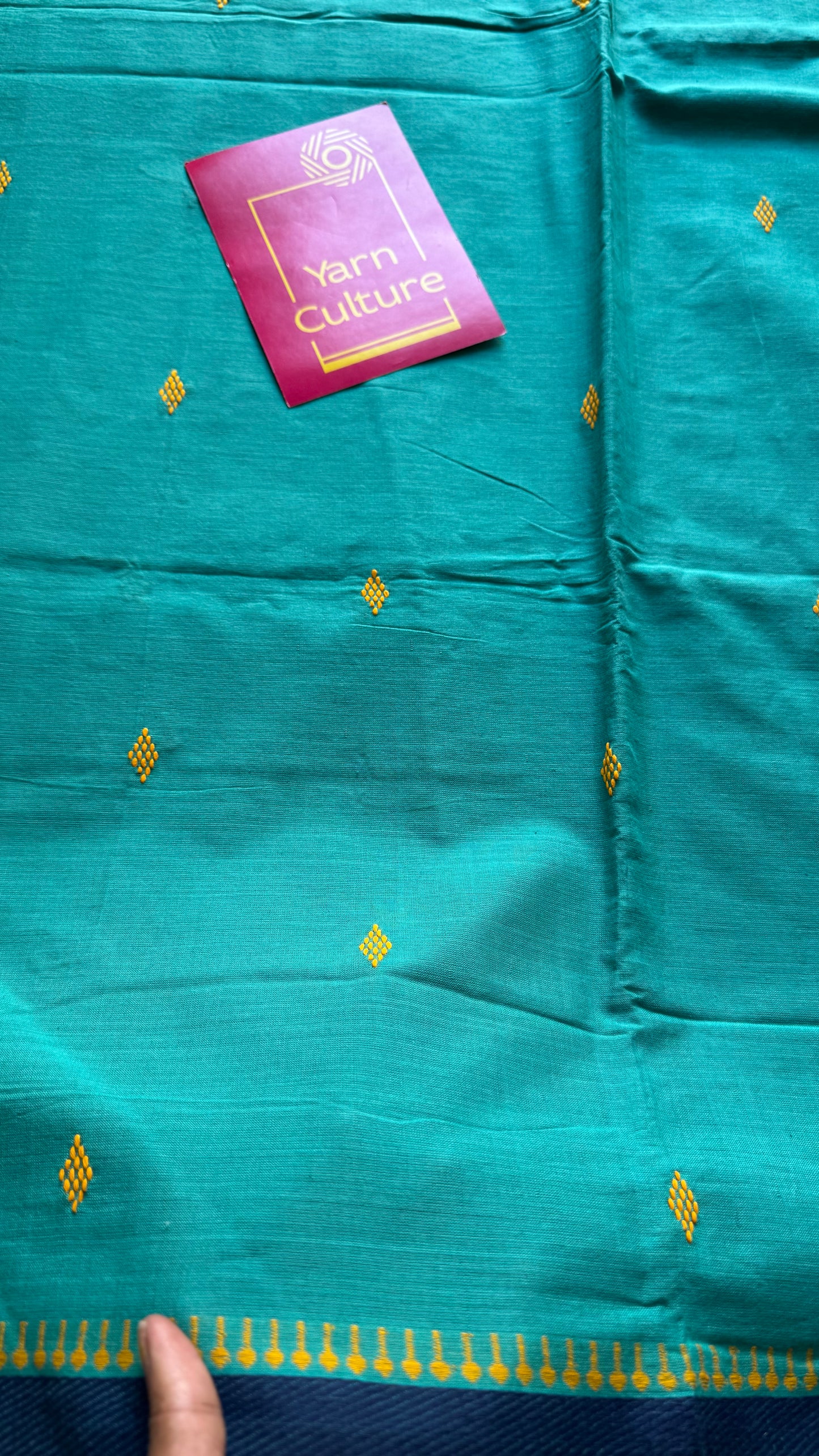 Dhonekhali handloom soft cotton saree, aqua blue with dark blue border and yellow woven buttas - YCBCDFE250