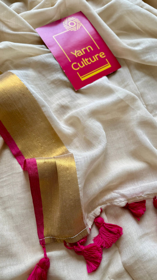 Beige tone with magenta border, mul cotton - YCONBCM230
