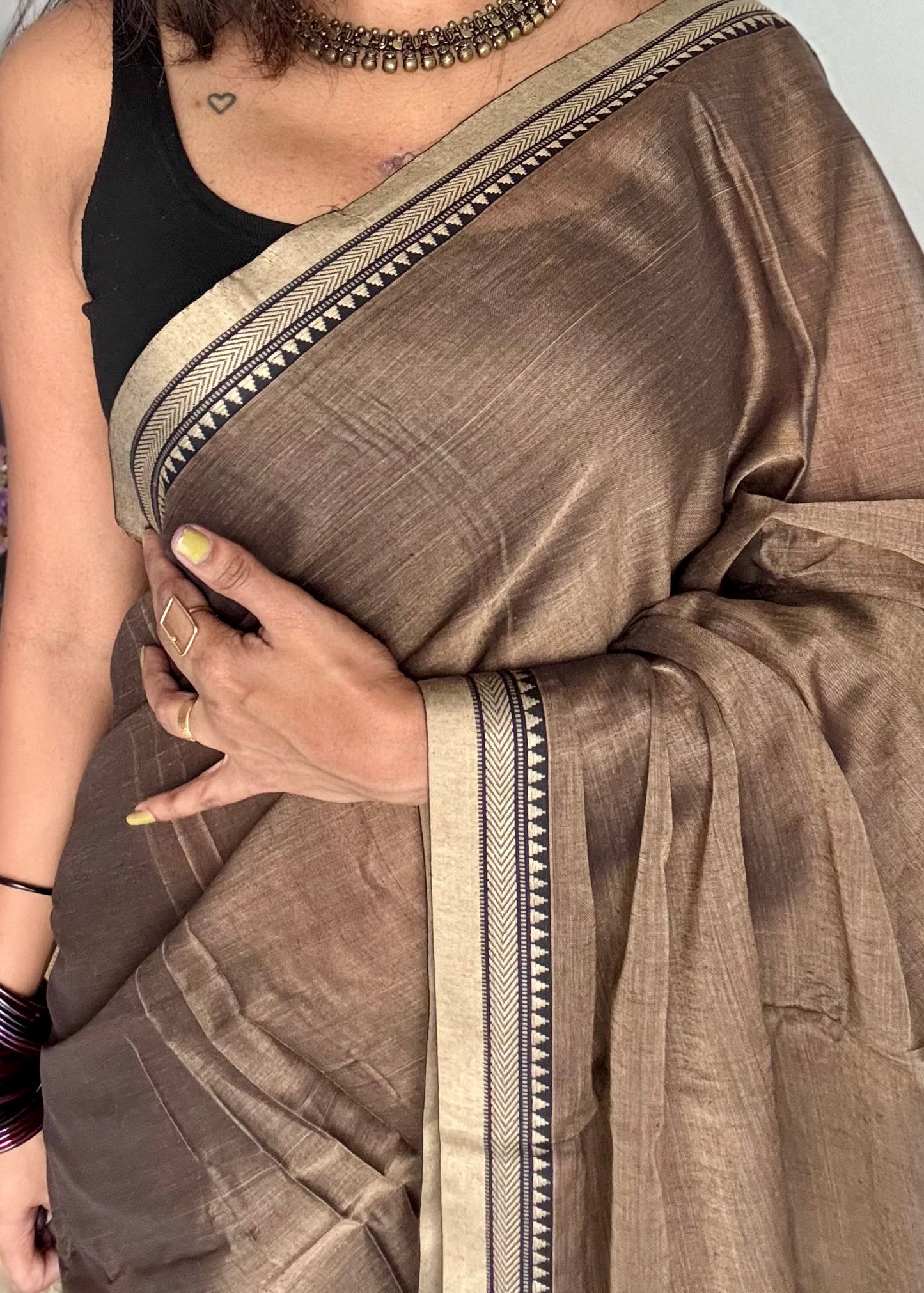 Warm grey with cream border narayanpet saree, soft cotton - YCWOTDNPFE33