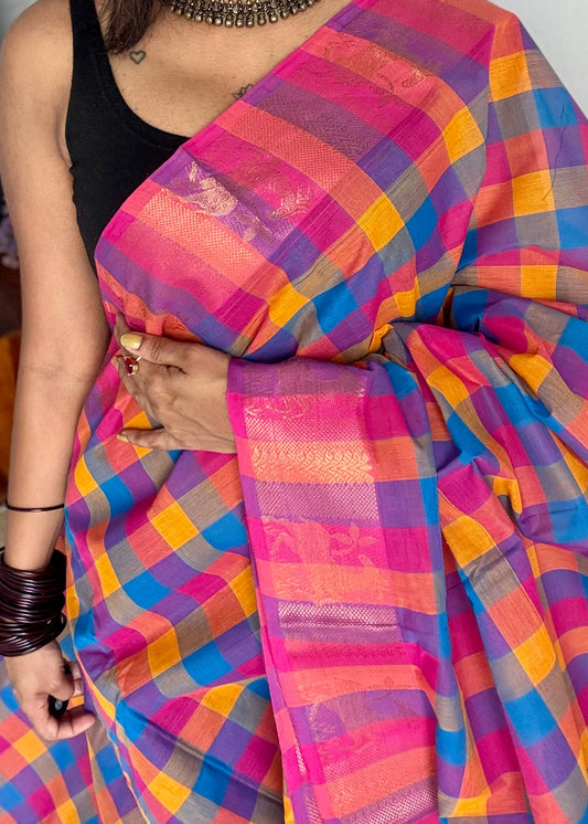 Multicolour Chettinad cotton saree with paalum pazhamum checks (pink, violet, blue, orange) - YCCOTNCCFE341