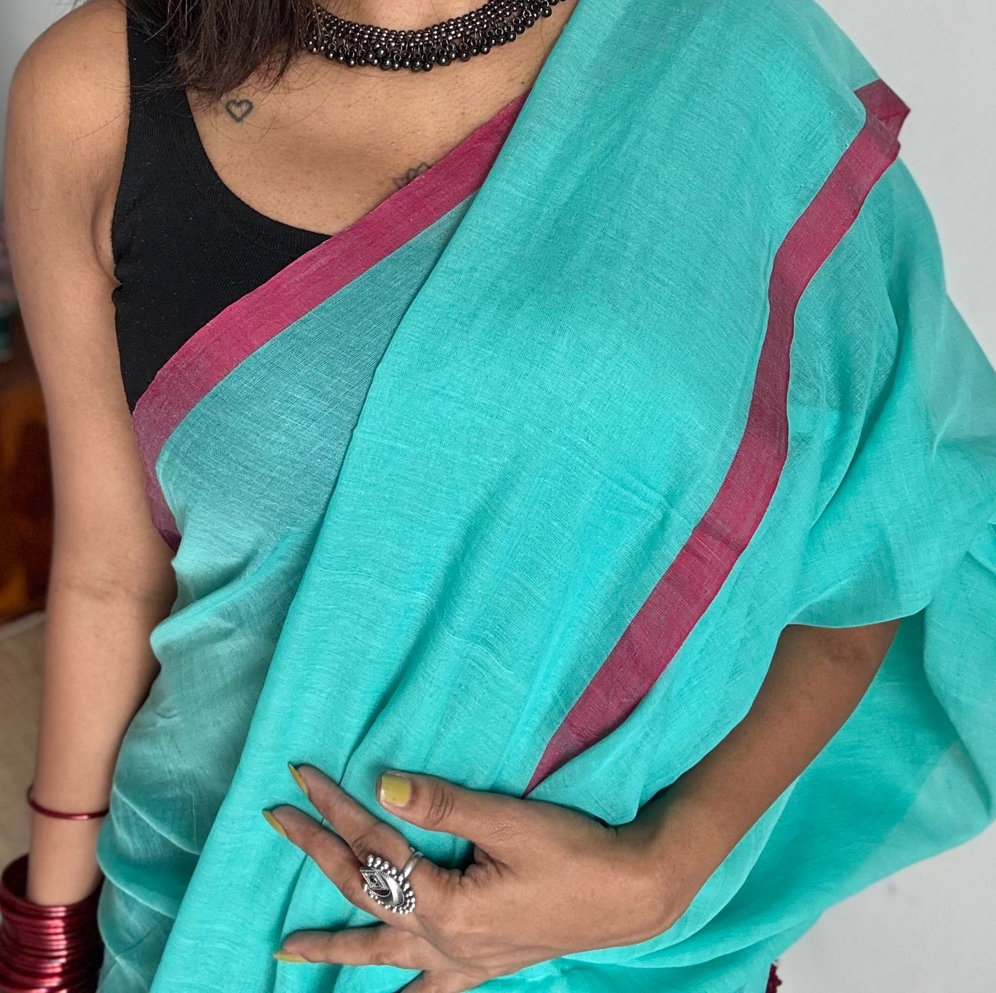 Turquoise with dark pink border mul cotton saree - YCBCMCFE223