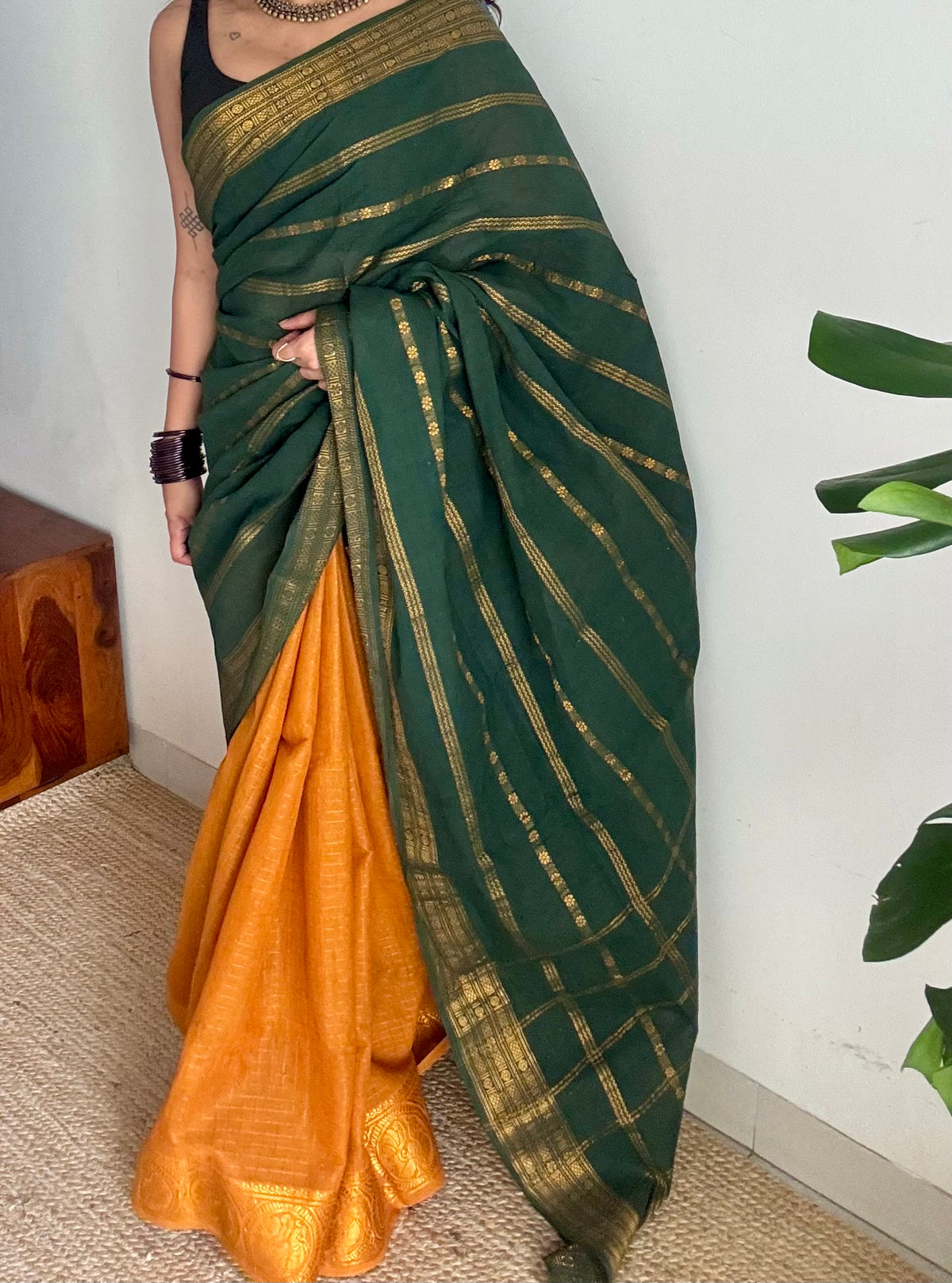 Dark green with yellow, sungudi cotton half-half saree - YCCOTNIDOC22