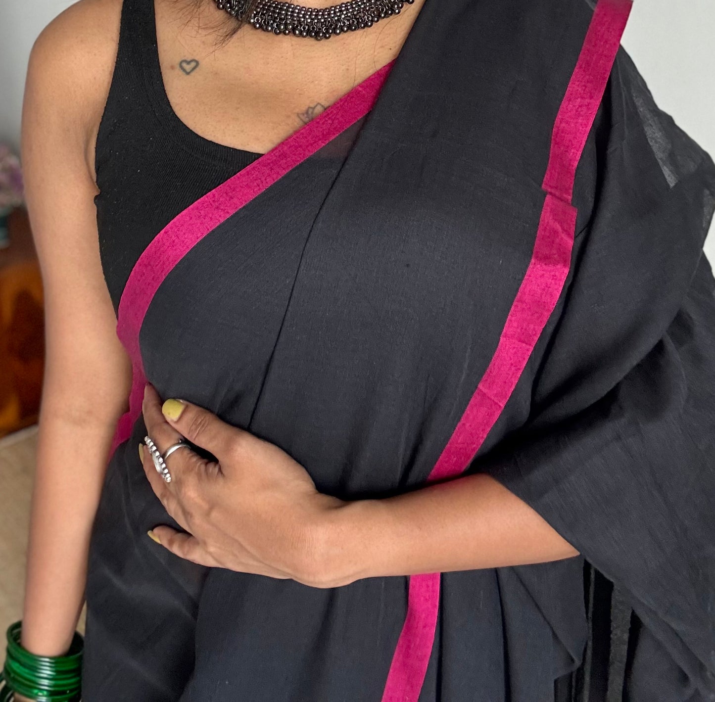 Black with hot pink border mul cotton saree - YCBCMCFE232