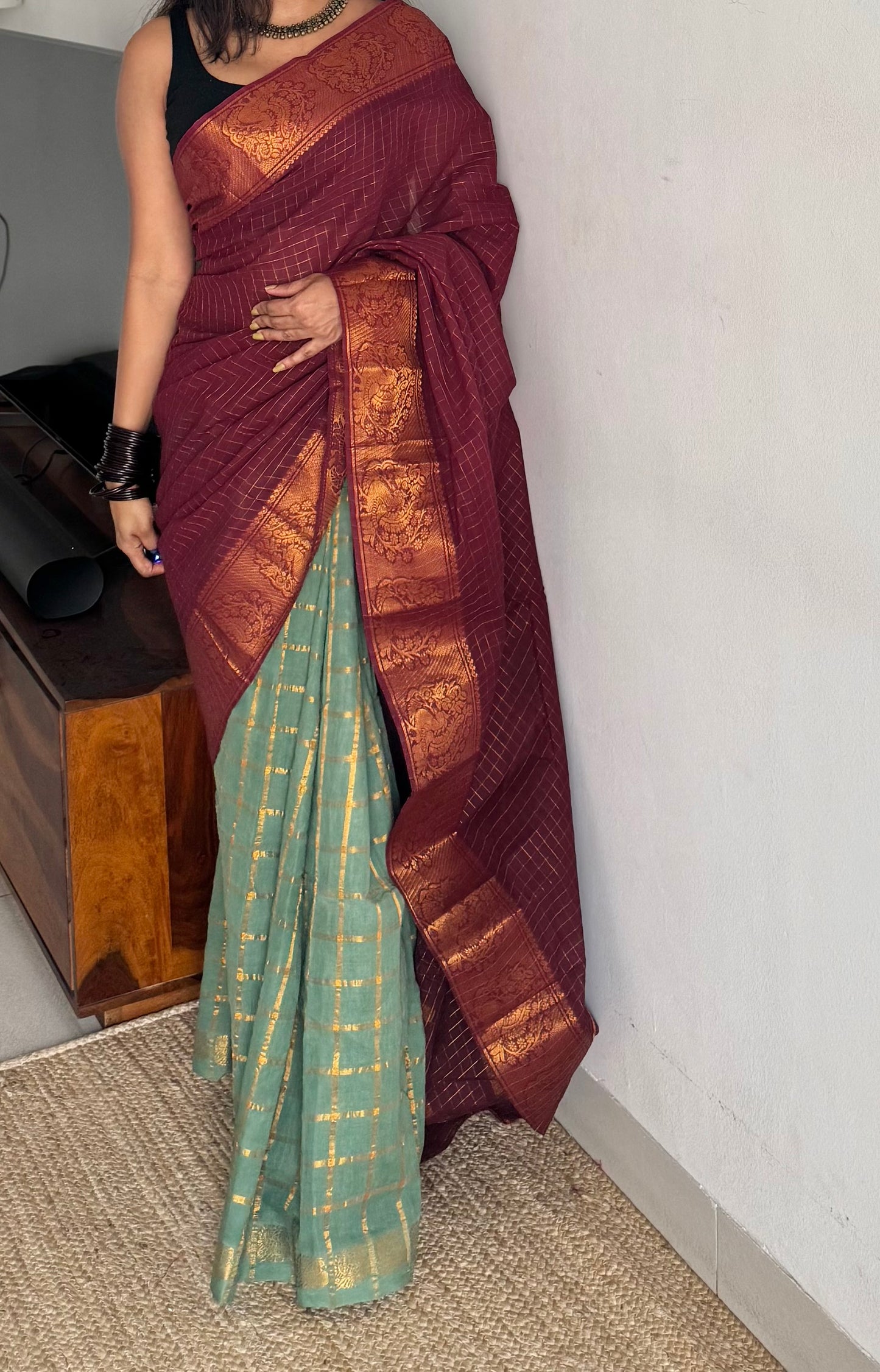 Maroon with mint green, sungudi cotton half-half saree - YCCOTNMSFE362