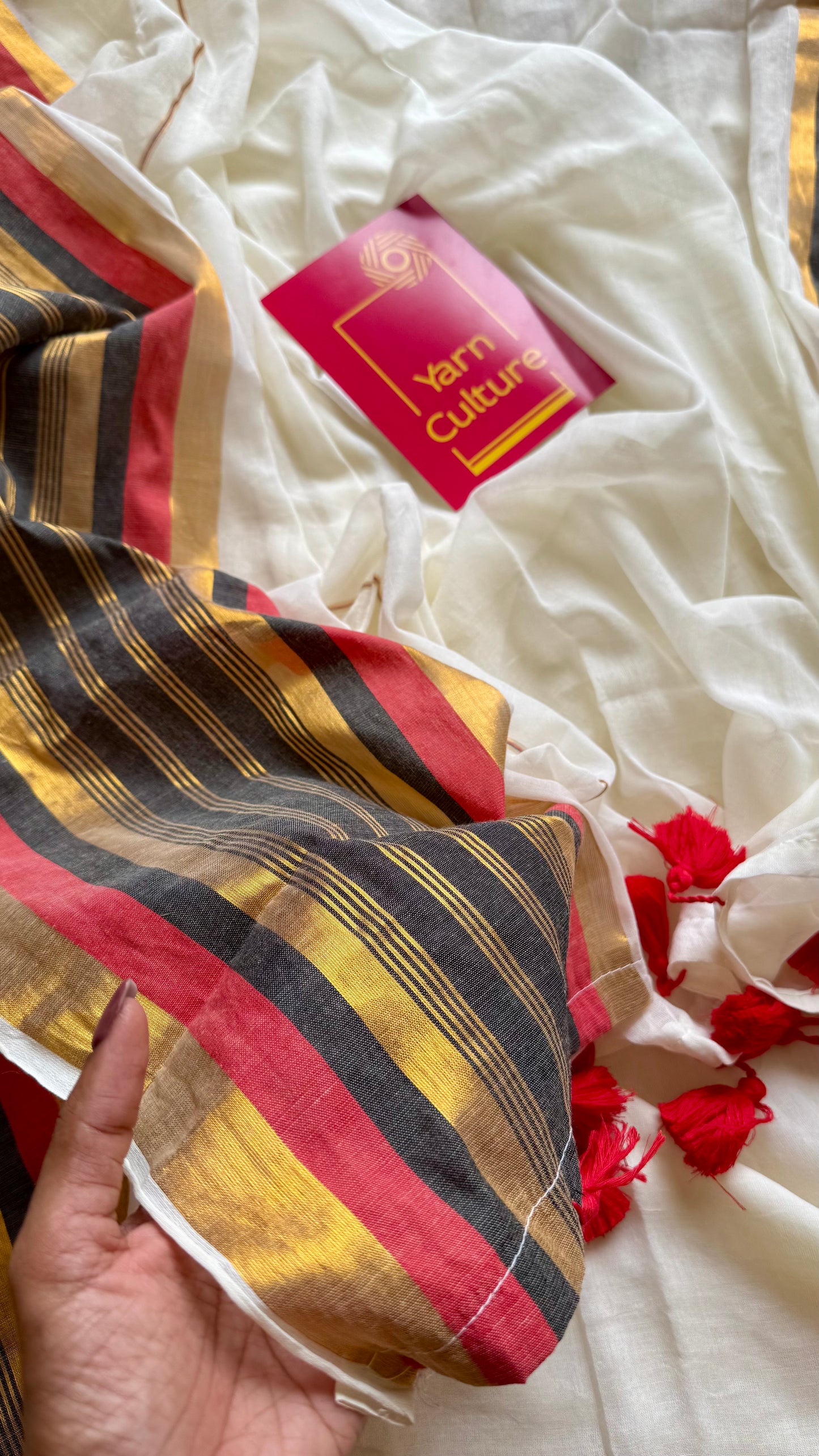 Ivory mul saree, red, black and gold striped border - YCIEON36