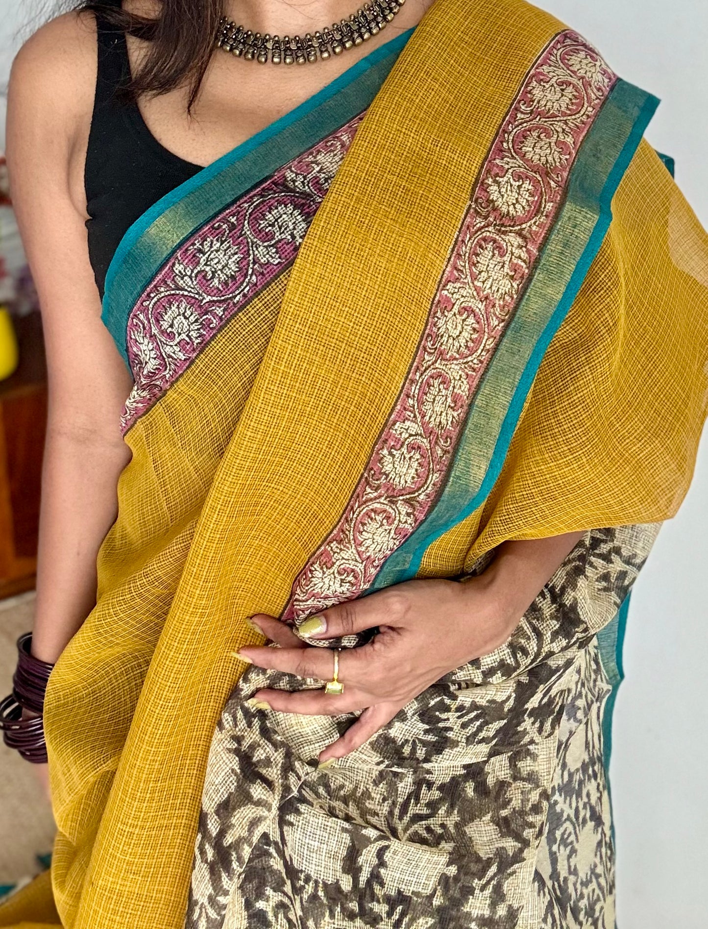 Haldi Pop - Mustard yellow kota doria saree, with gold zari border - YCTORKDAP07