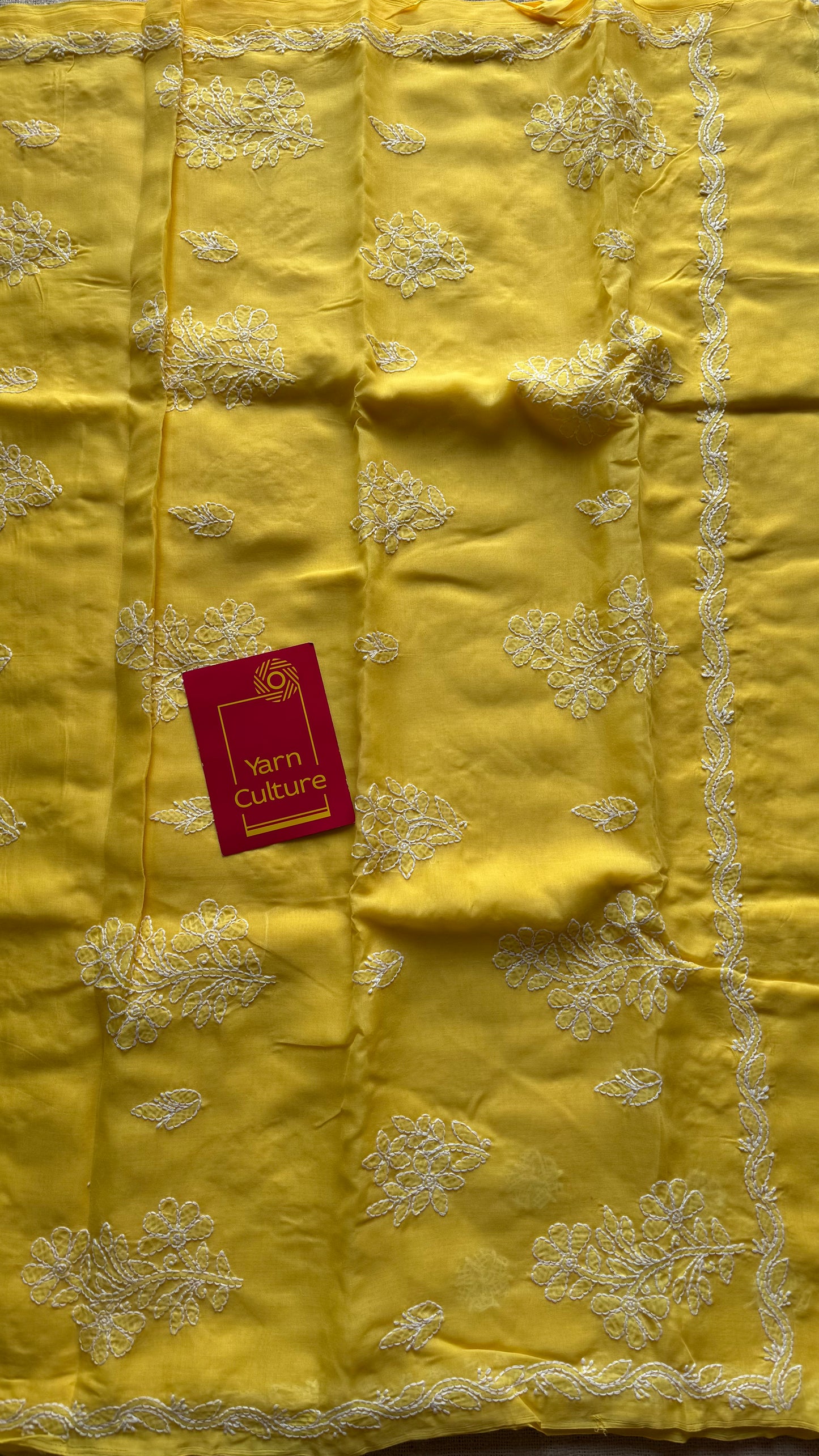 Roshni - canary yellow hand-embroidered chikankari cotton saree - YCLCKFE420