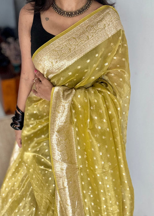 Light green with gold double tone, soft crushed tissue, thread zari - YCDOSFEJUTB10
