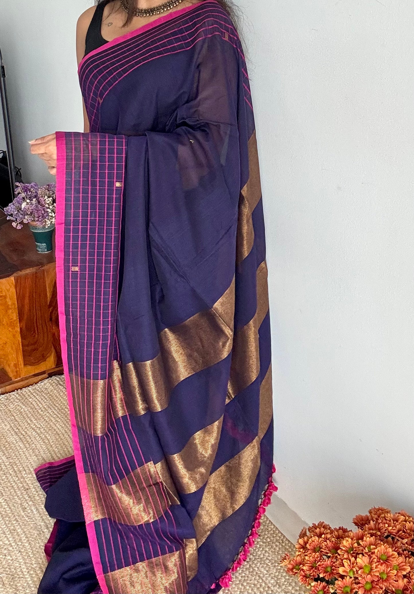 Navy handloom mul saree with hot pink checkered borders and antique gold buttas - YCBCMCFE386