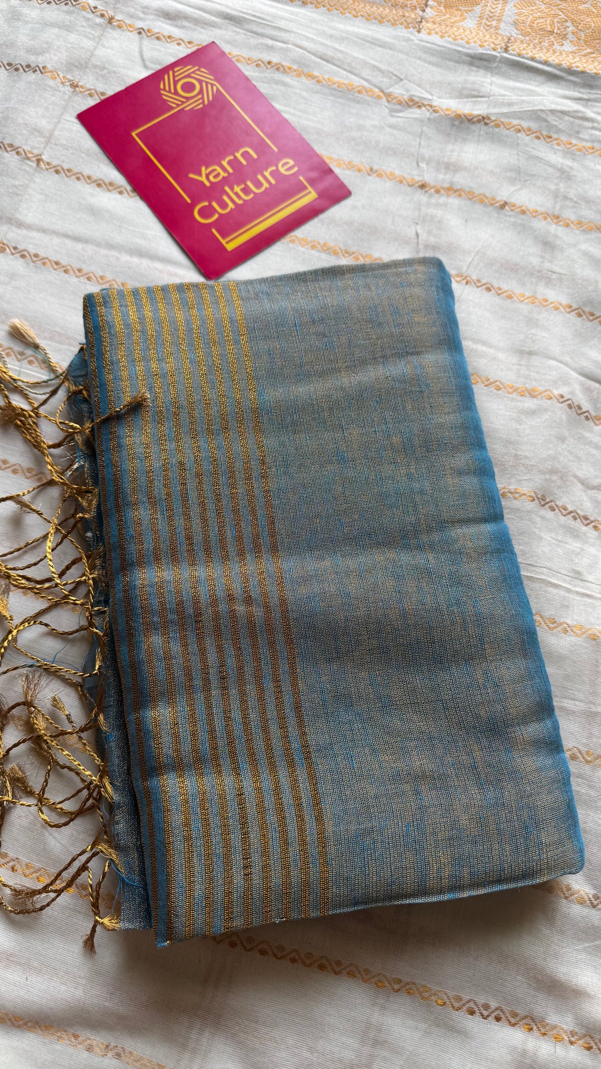 Teal blue with gold, dual tone metallic tissue linen saree - YCBCLTOC59