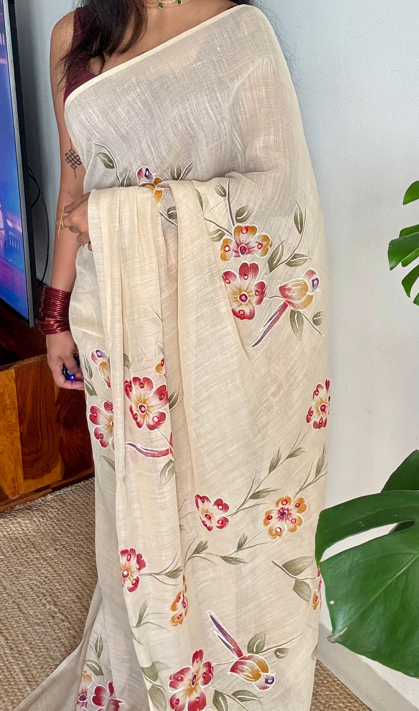 Sandal soft flowy saree, with multicoloured floral prints - YCIEON86