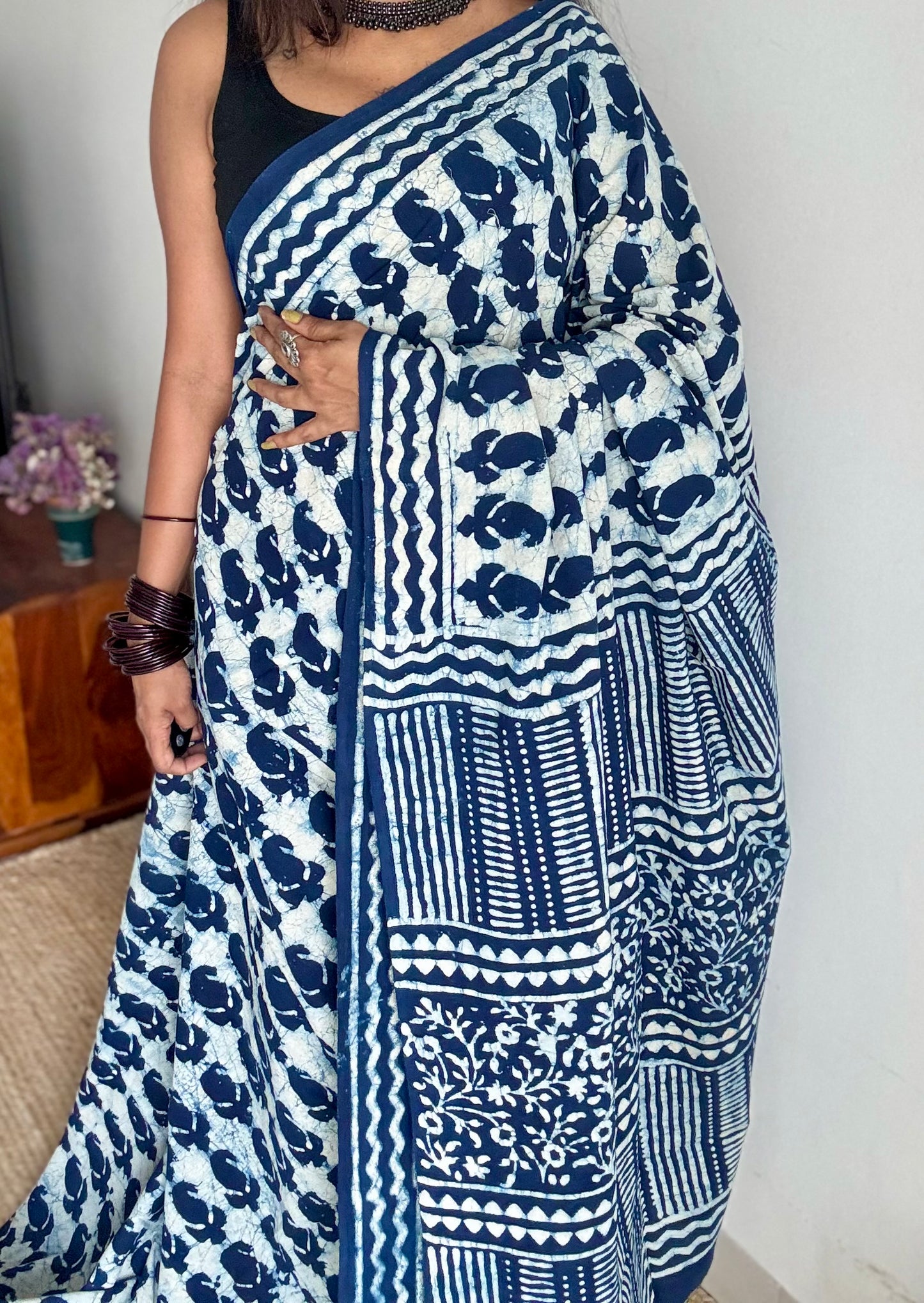 Beige with indigo paisley motifs, block printed soft cotton saree - YCTORCMA10