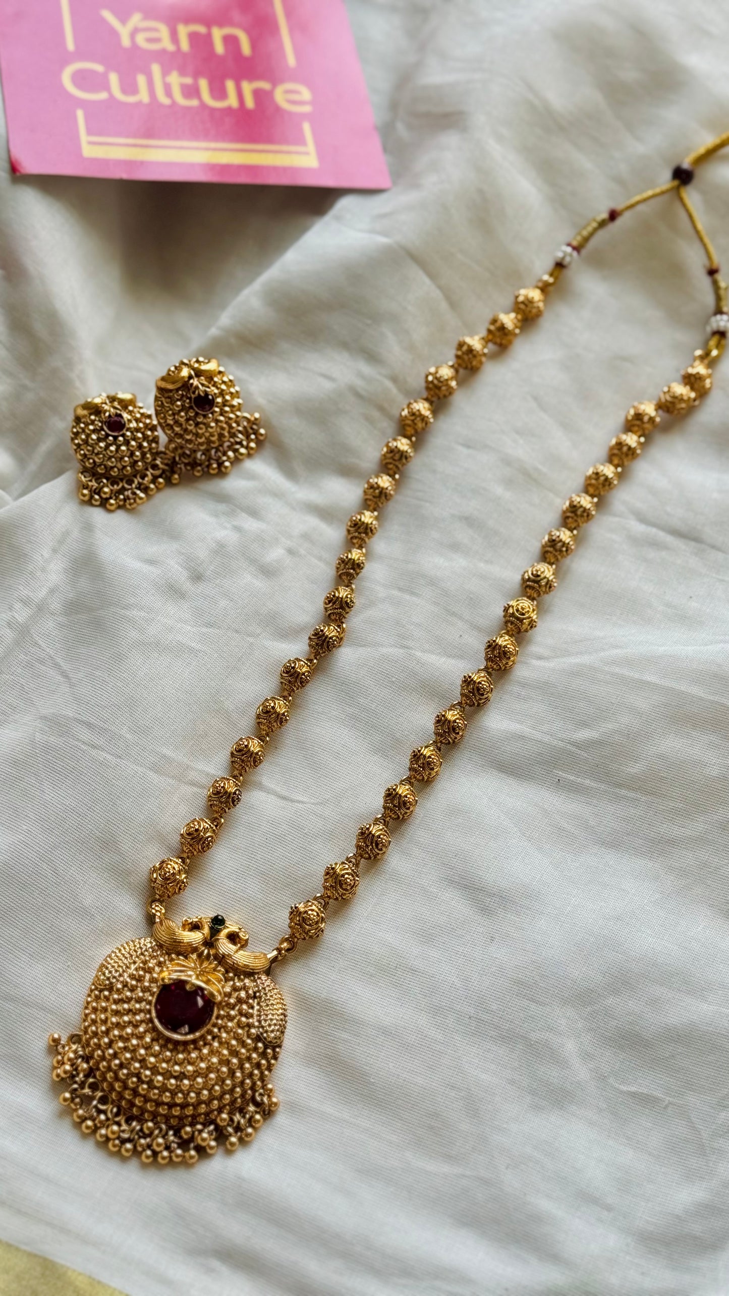 Long neckpiece with red stone pendant, statement piece, with earrings - YCGPNP723