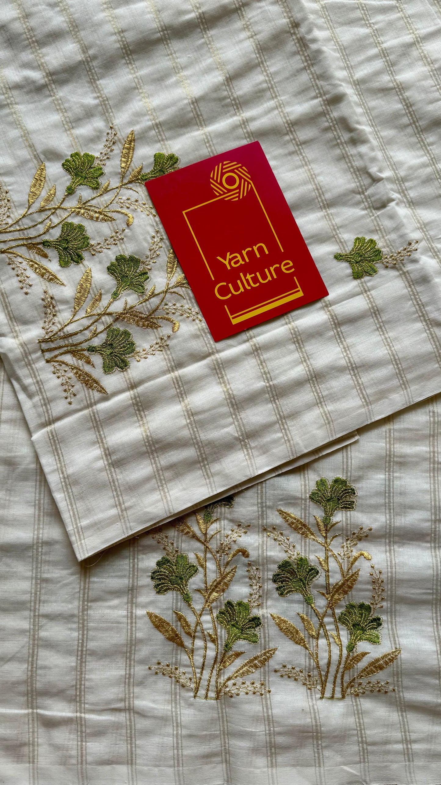 Ivory and gold soft cotton saree, light green floral embroidery  - YCIEON49