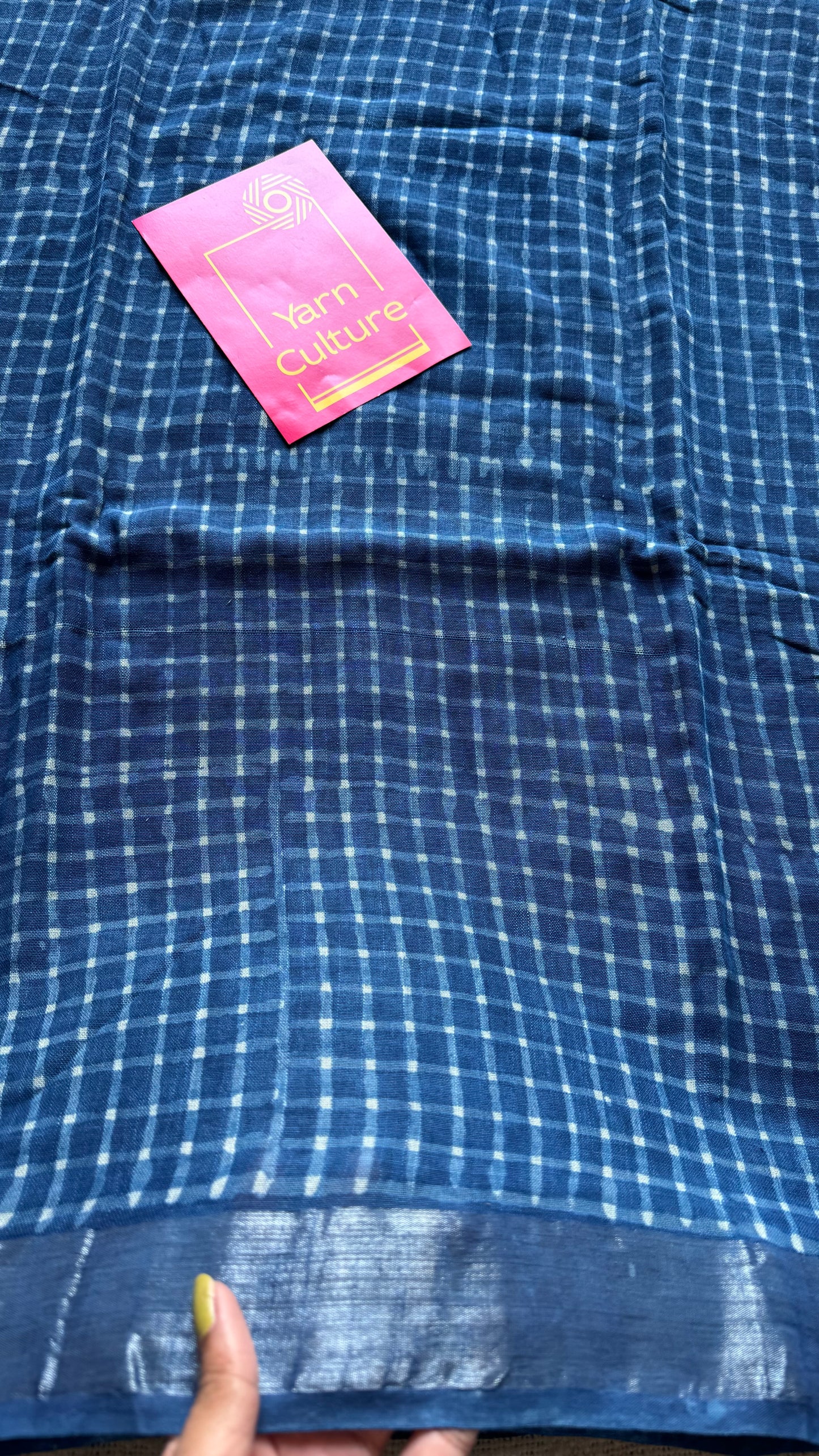 Indigo linen, small checks, silver zari border -YCTORNOP17