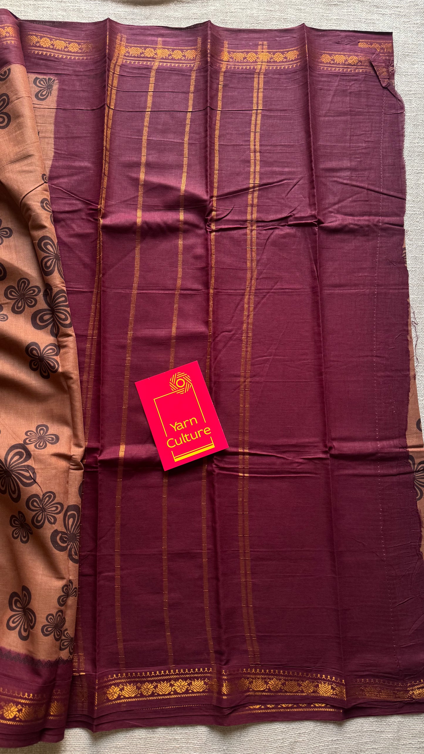 Light brown with maroon, motif printed, kattuchayam dyed madurai sungudi cotton saree - YCCOTNMSFE77