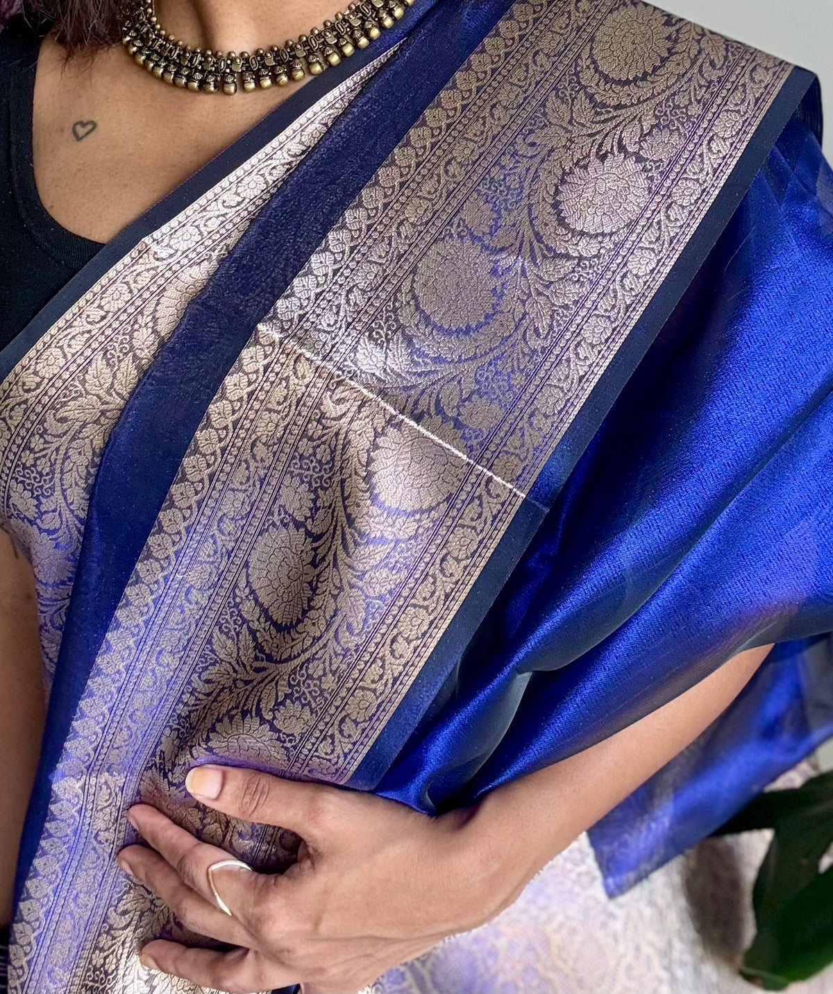 Royal blue tissue Banarasi saree with zari border - YCBLTOC85