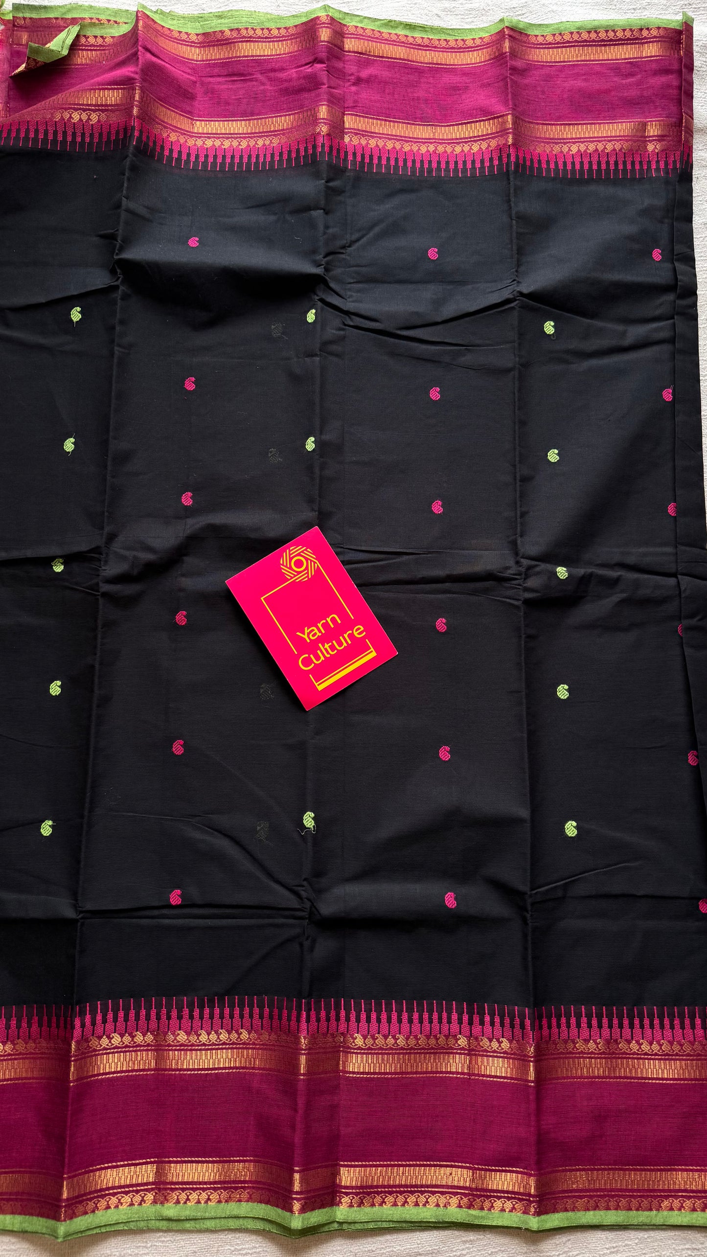 Kanchi cotton saree, black with magenta and pista green border - YCCOTNAP84