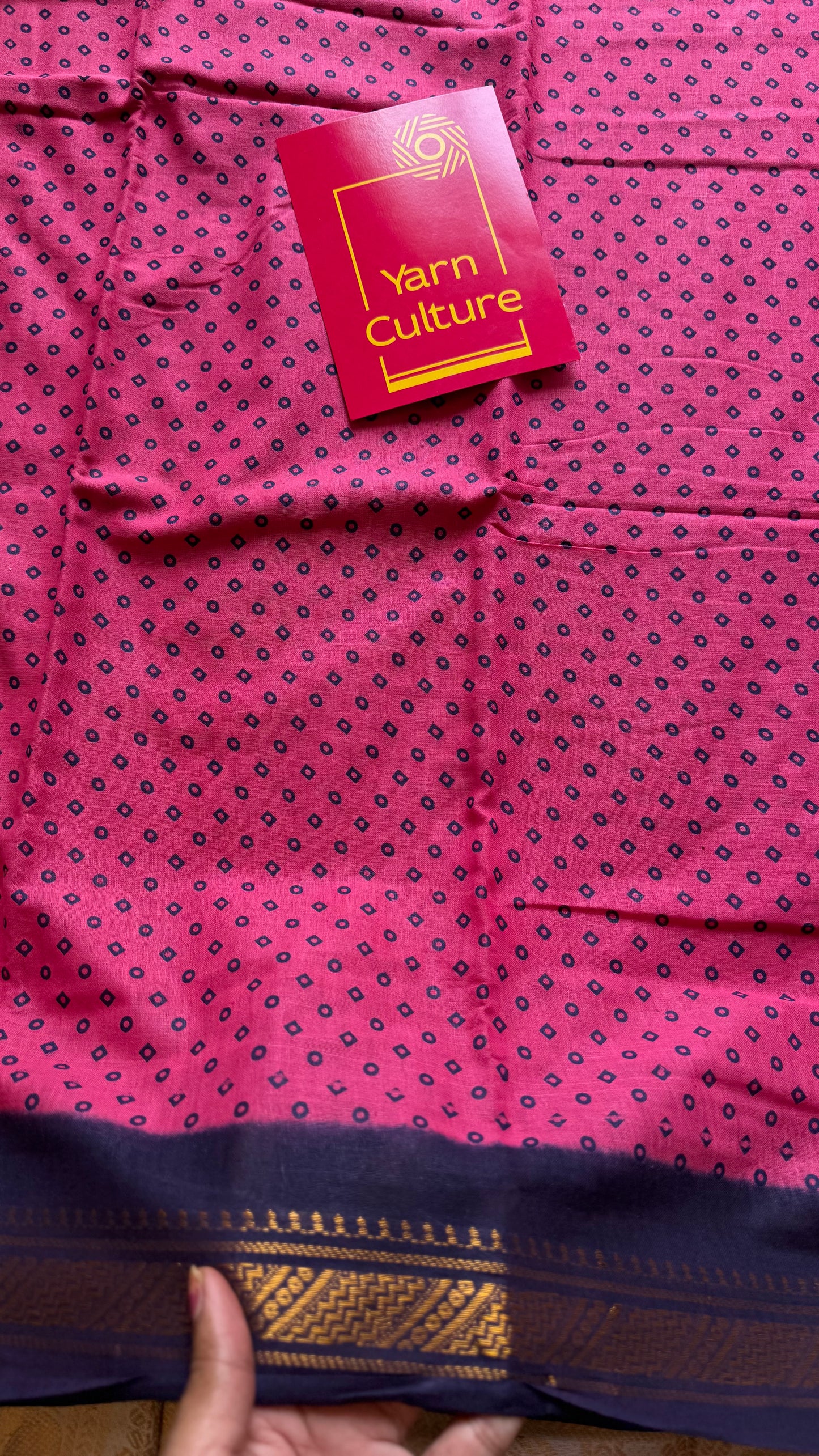 Rosy pink with navy blue contrast, kattuchayam dyed madurai cotton saree - YCCOTNMA248
