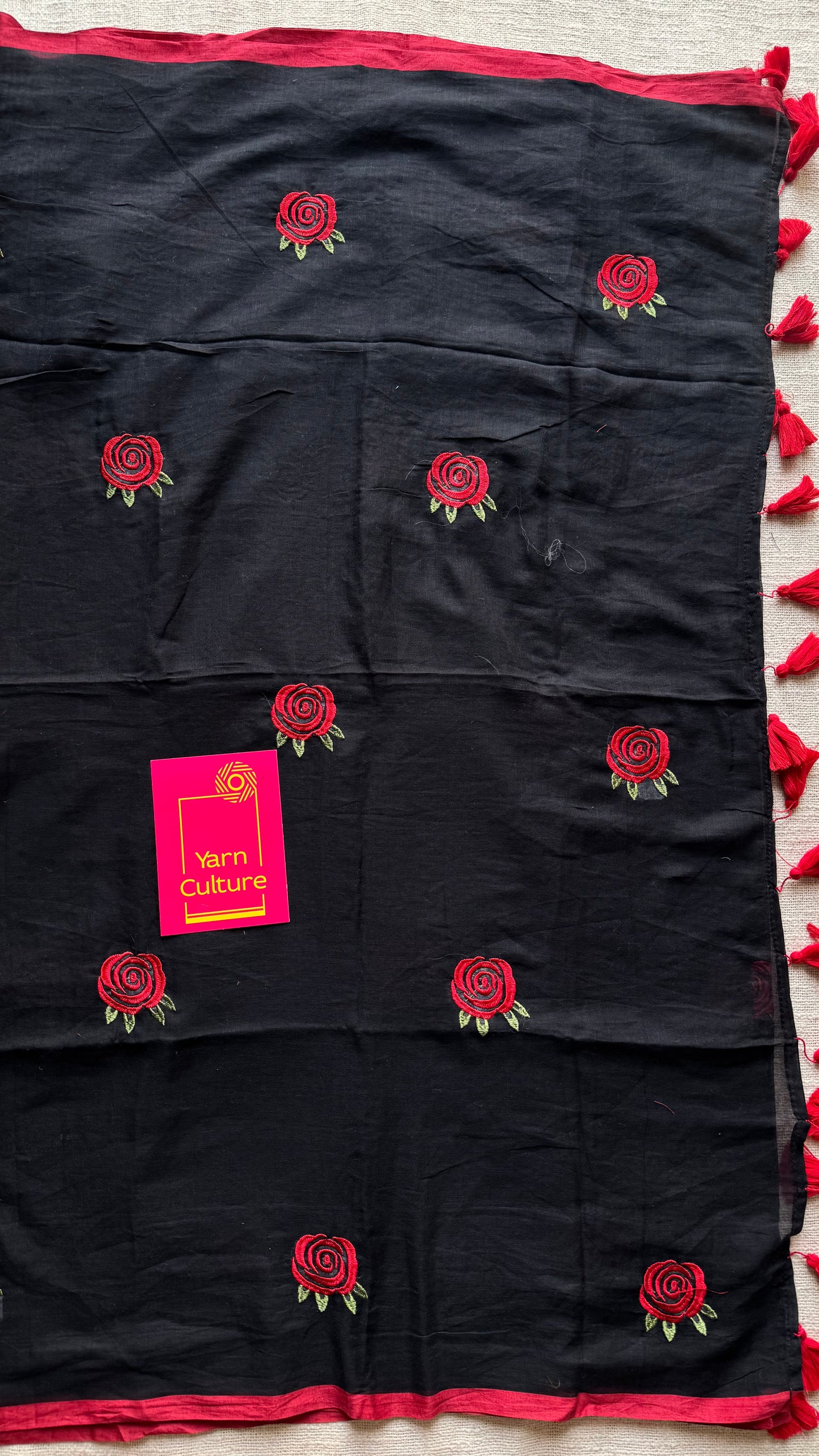 Black mul with red rose thread embroidery - YCBCMCNO69