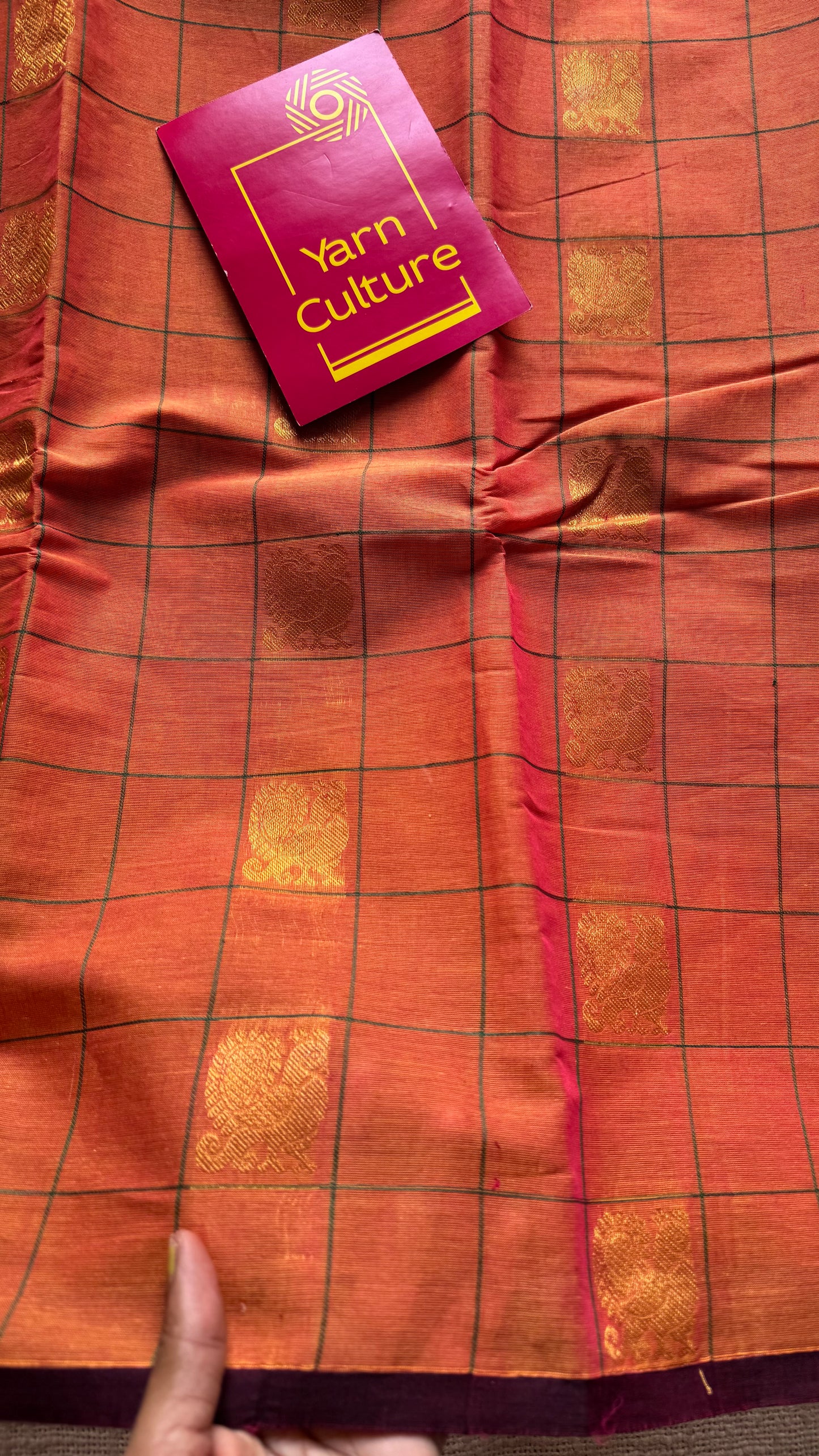 Orange dual tone checks with peacock motifs, kanchi cotton saree - YCCOTNKCFE335