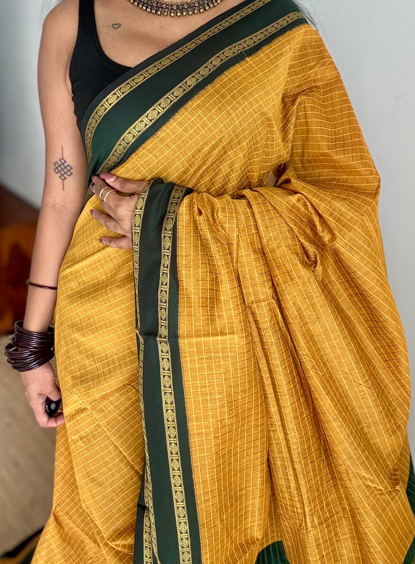 Mustard yellow with dark green contrast arani checkered saree, cotton silk - YCCOTNAUG12