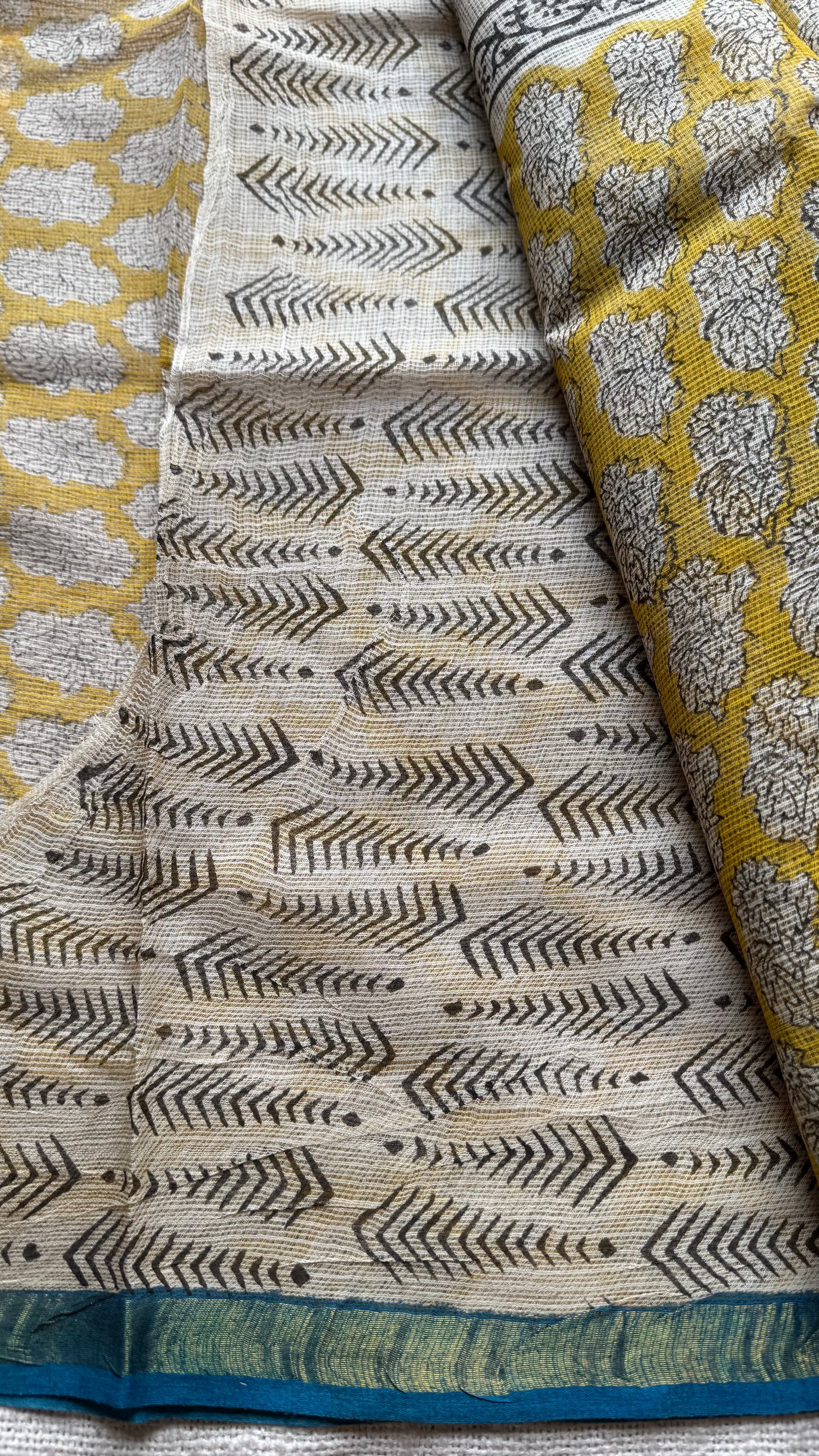 Pina Colada - Ivory with yellow kota doria saree, with gold zari border - YCTORKDAP12