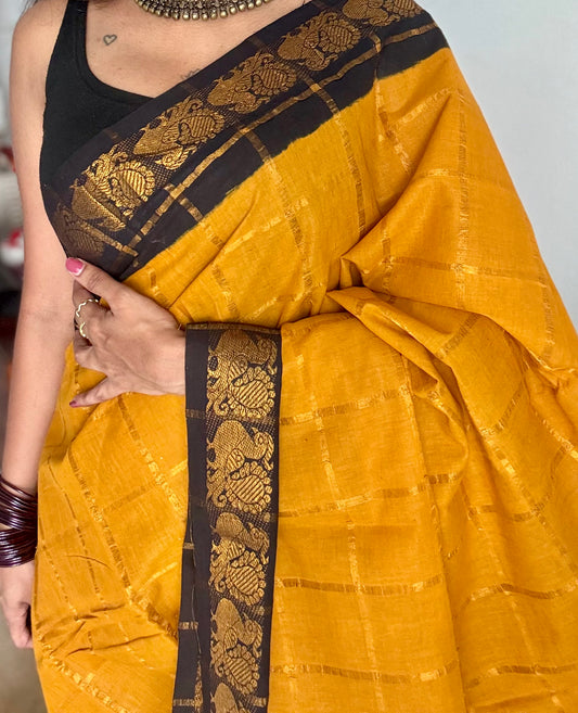 Turmeric yellow with black pavithra kattam sungudi, madurai cotton - YCCOTNMSAP141