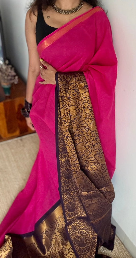 Hot pink with dark blue vanasringaram long border - madurai soft cotton - YCCOTNSEMS73