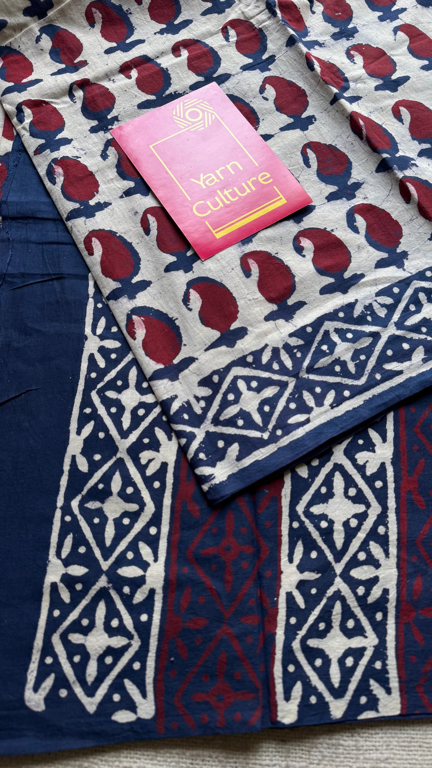 Beige with Indigo and maroon paisley motifs, block printed soft cotton saree - YCTORCMA23