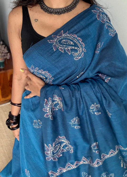 Morupankhi (মরুপঙ্খী) - Peacock Feather, peacock blue kantha weave in soft khadi cotton - YCBCSEKC06