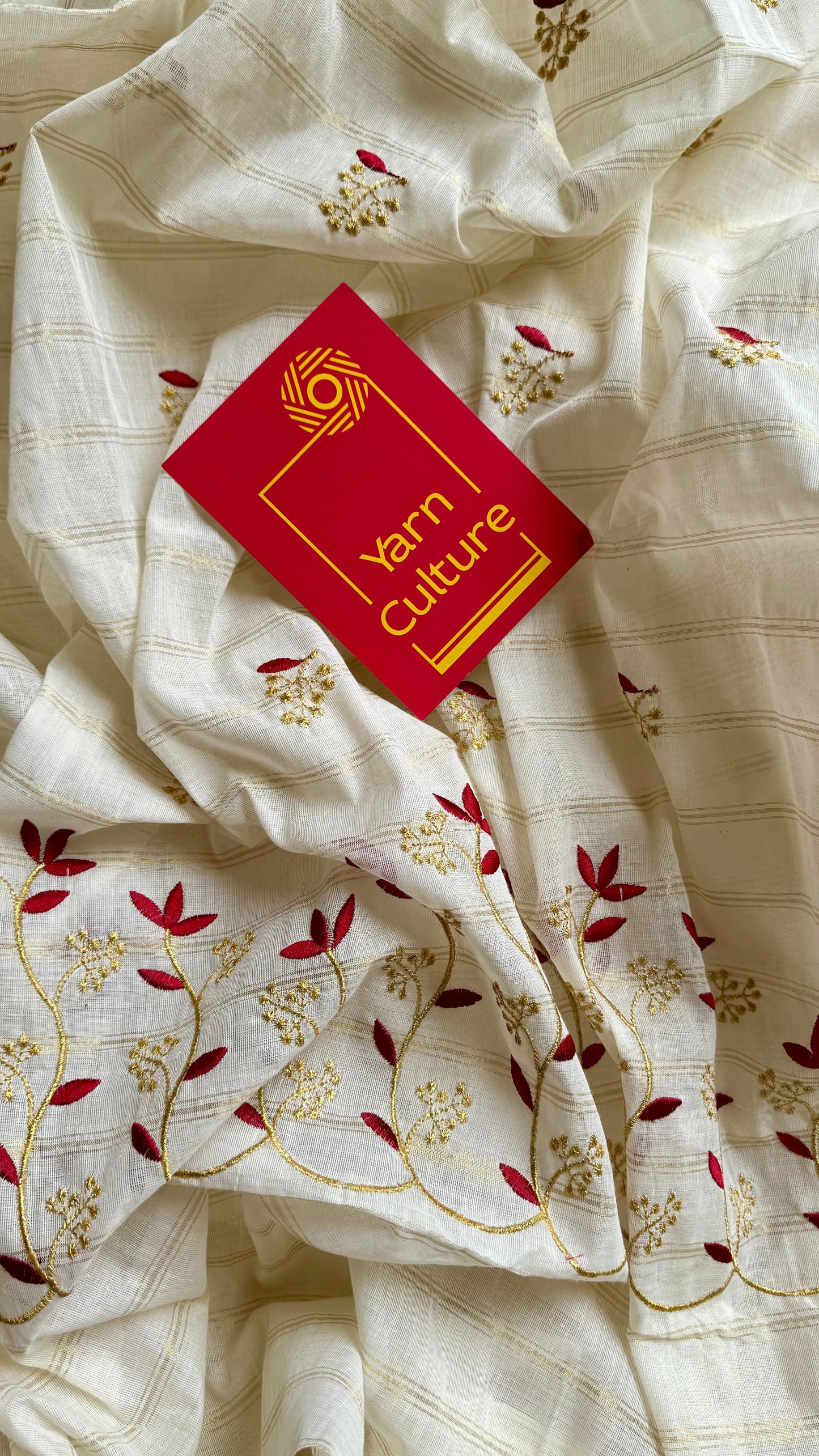 Ivory and gold soft cotton saree, maroon floral vine embroidery  - YCIEON58