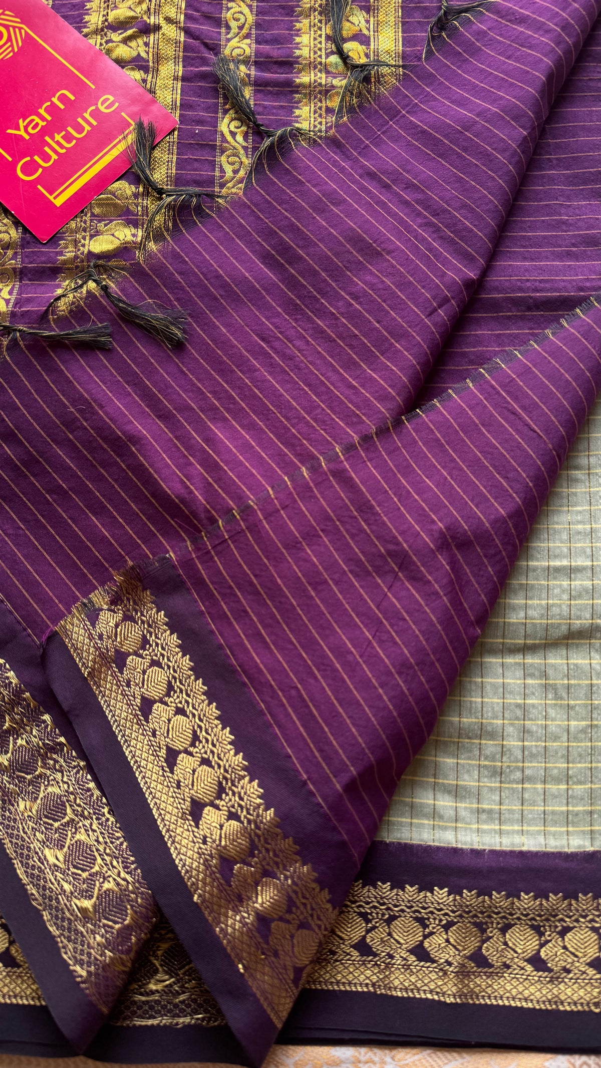 Warm grey with purple, zari checkered saree, cotton silk - YCCOTNKCOC105