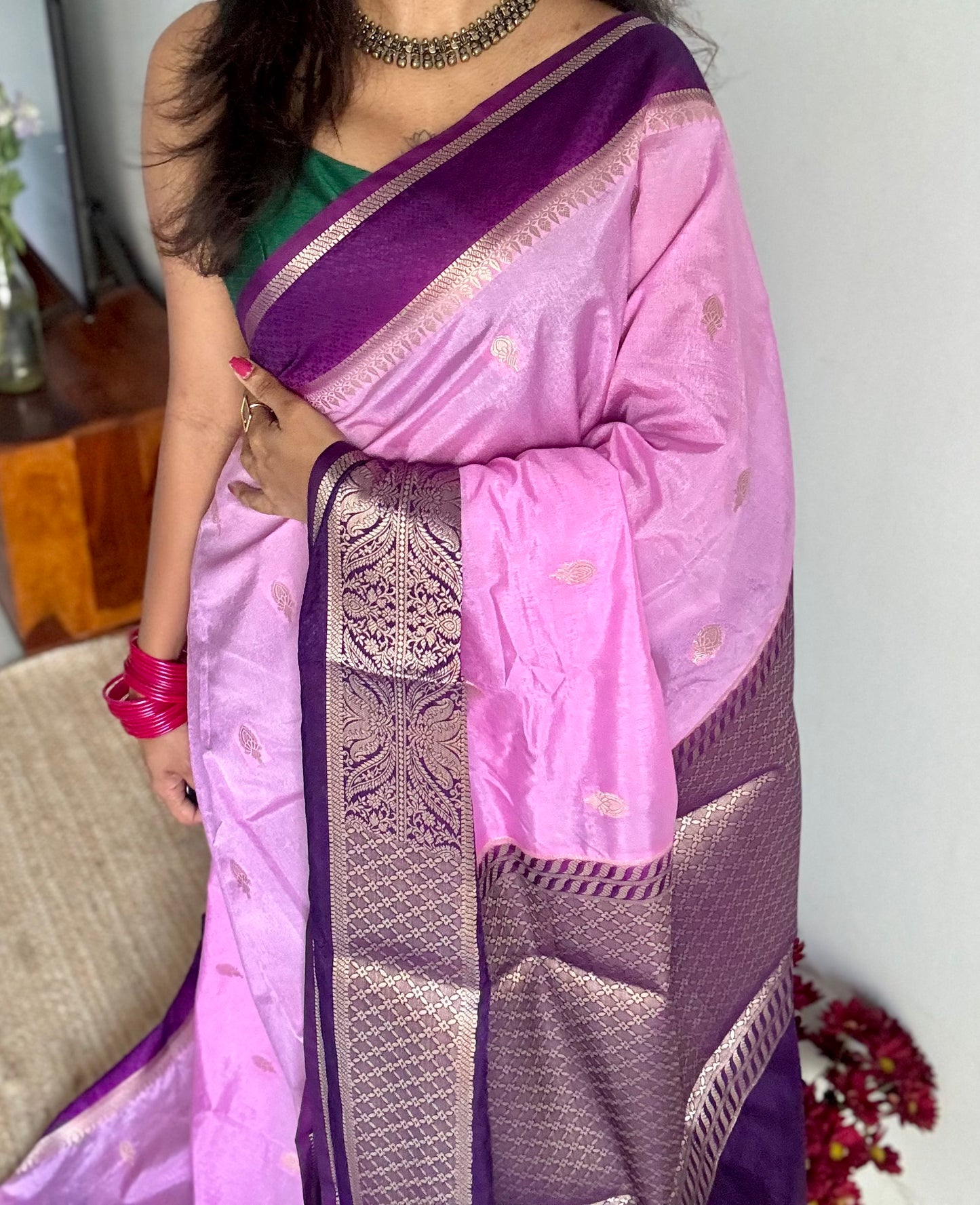 Pink with purple border, Banarasi semi-silk - YCDESE04