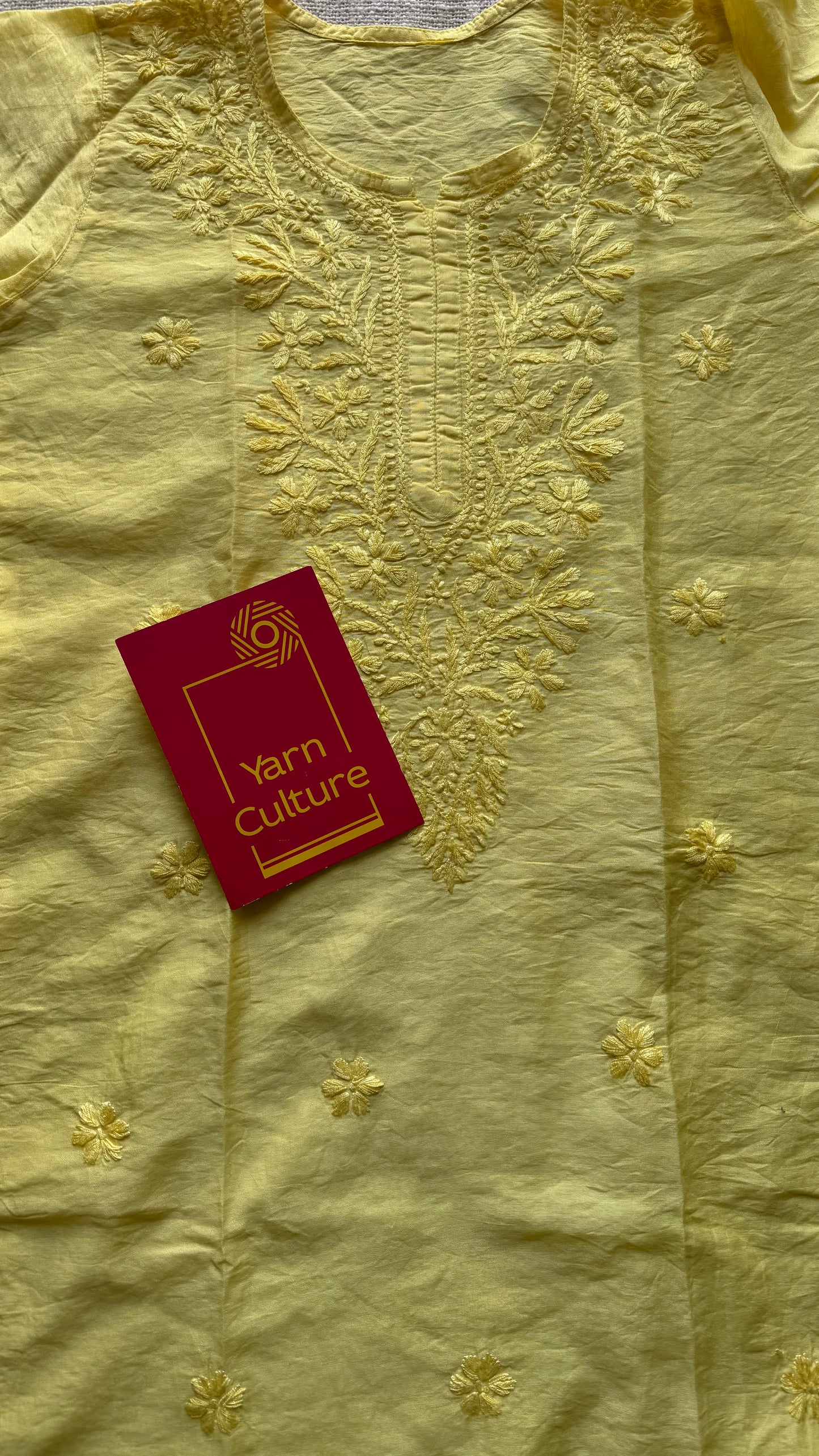 Light yellow chanderi chikankari with ghas patti work, stitched kurta, round neck, three fourth sleeves - YCSECK05