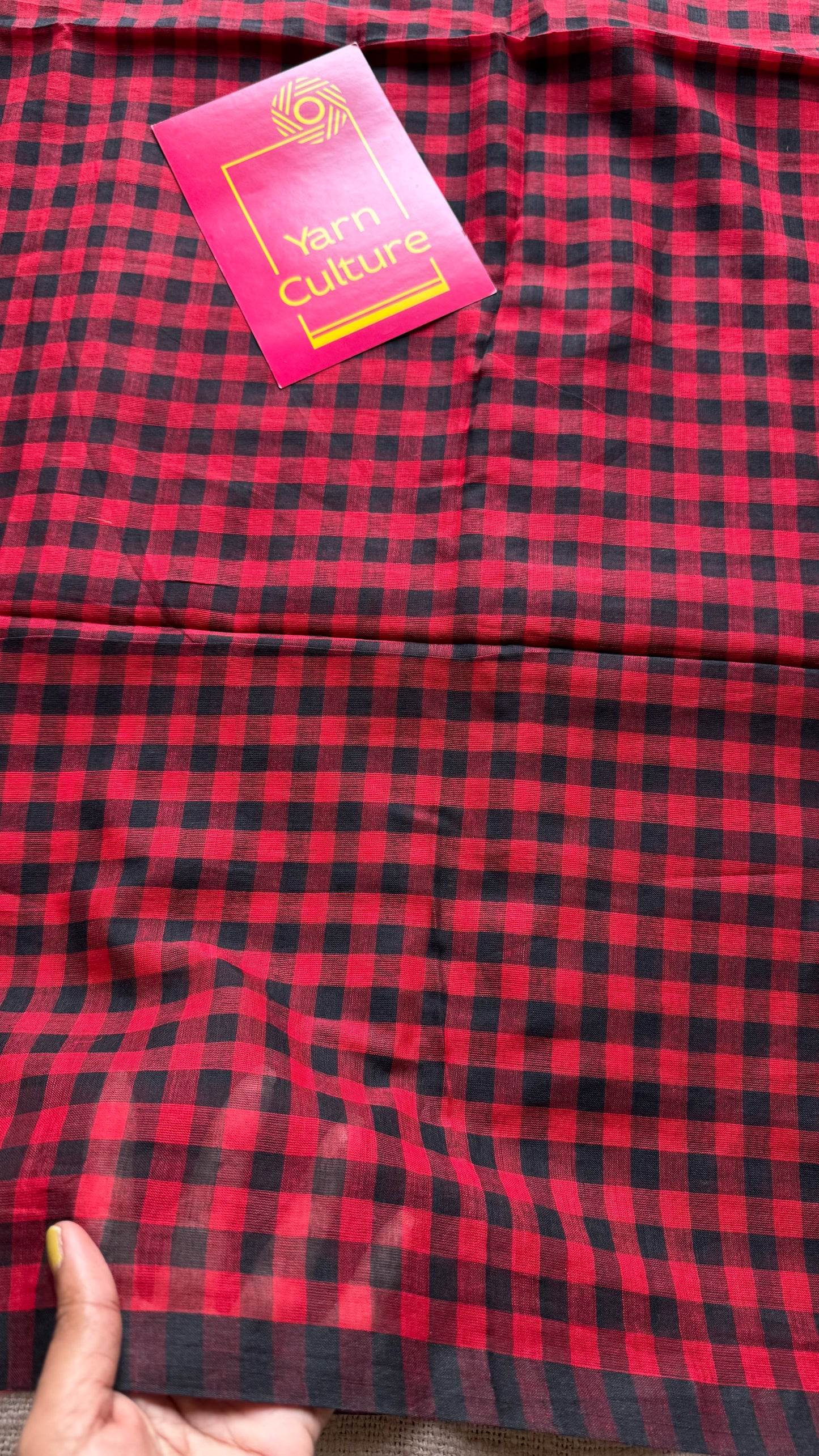 Red and black checkered mul cotton saree - YCBCMCFE220