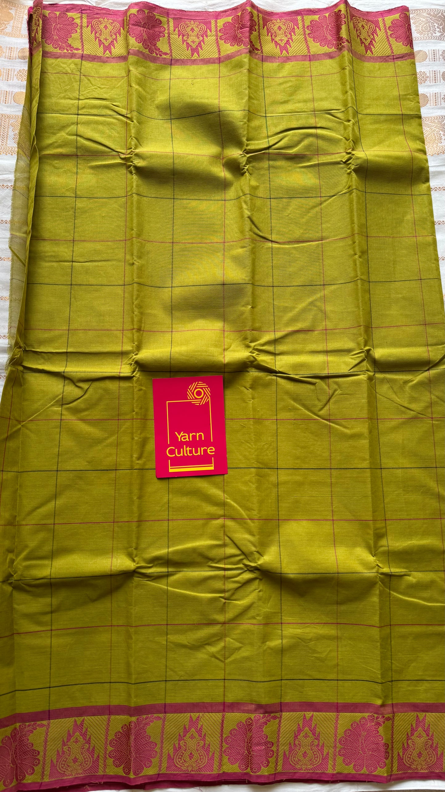 Chettinad cotton saree with lime green and pink checks, thread motif border - YCCOTNJUCC04