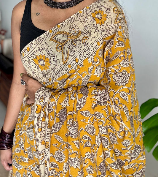 Yellow kalamkari saree, floral vines, soft cotton - YCWOTDMA346