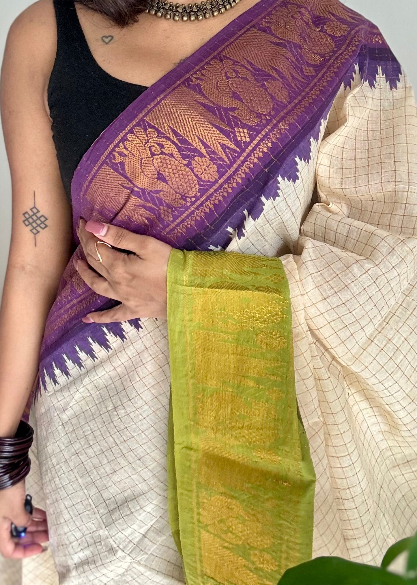 Sungudi cotton checks, ivory gold base, purple and lime green dual tone border, soft cotton - YCCOTNMSJUL08