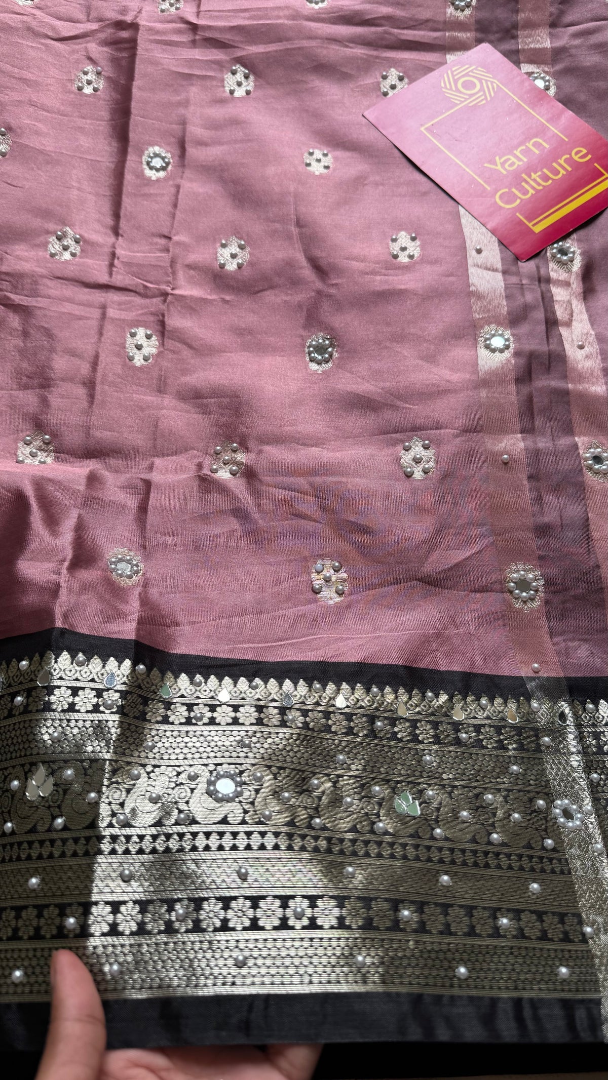 Dusty pink with black silver zari Banarasi semi-katan silk saree with pearl embellishments - YCBLTOC92