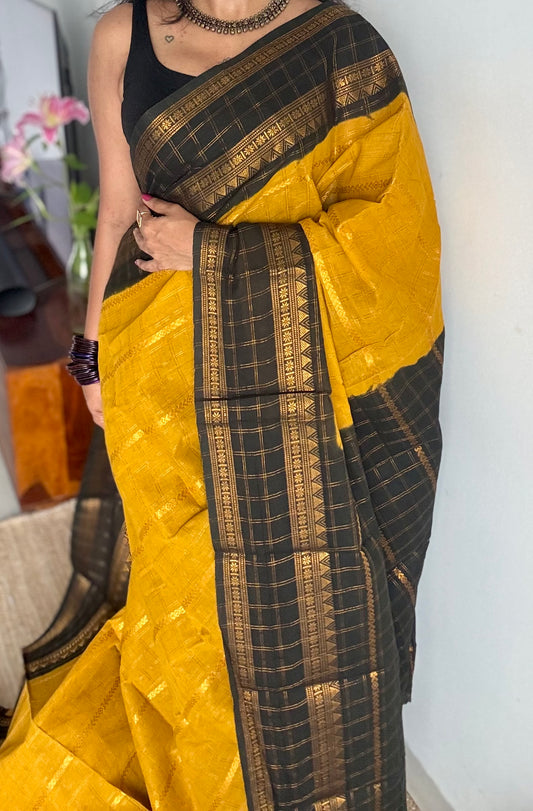 Ginger yellow with black, Adayar checks with velthaari pattern, madurai cotton - YCCOTNOCSC06